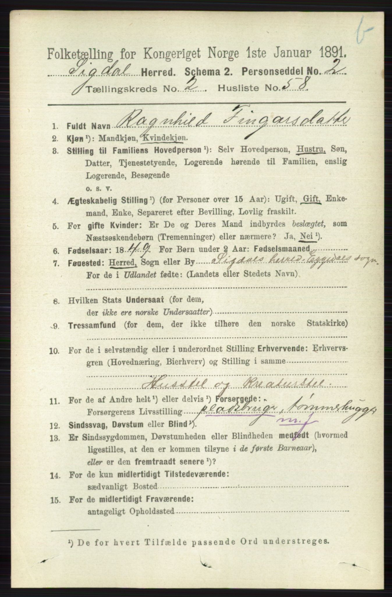 RA, 1891 census for 0621 Sigdal, 1891, p. 4237