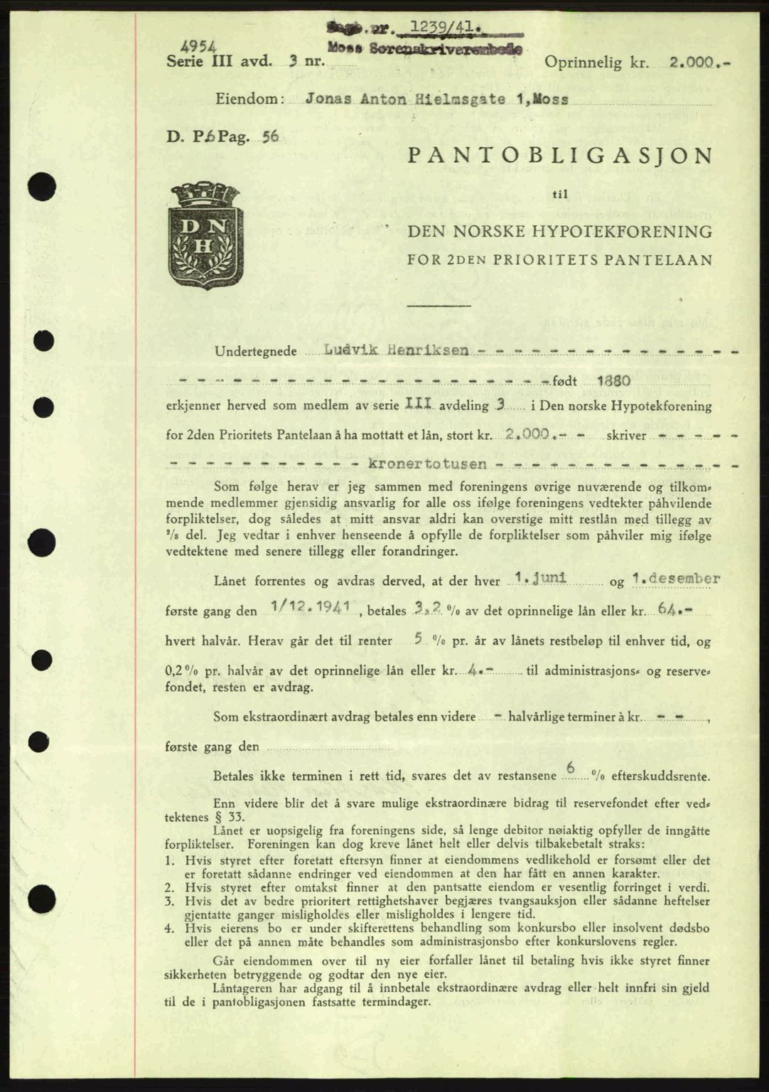 Moss sorenskriveri, SAO/A-10168: Mortgage book no. B10, 1940-1941, Diary no: : 1239/1941