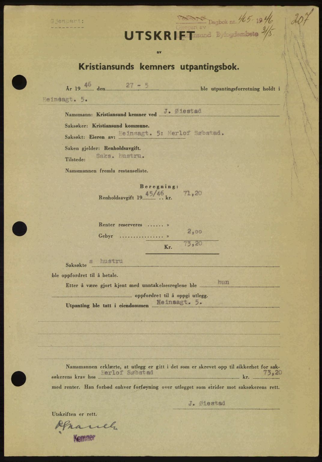 Kristiansund byfogd, AV/SAT-A-4587/A/27: Mortgage book no. 40, 1946-1946, Diary no: : 465/1946