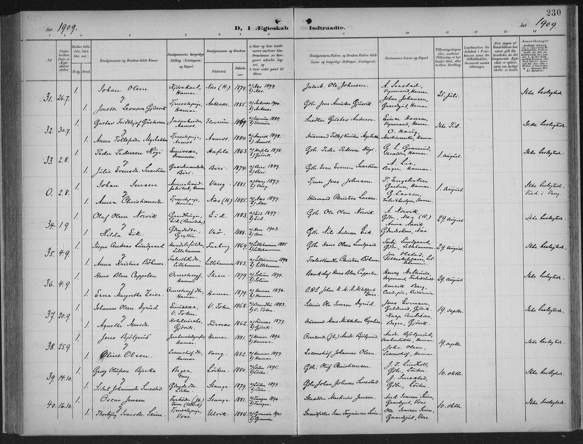 Hamar prestekontor, AV/SAH-DOMPH-002/H/Ha/Haa/L0001: Parish register (official) no. 1, 1900-1914, p. 230