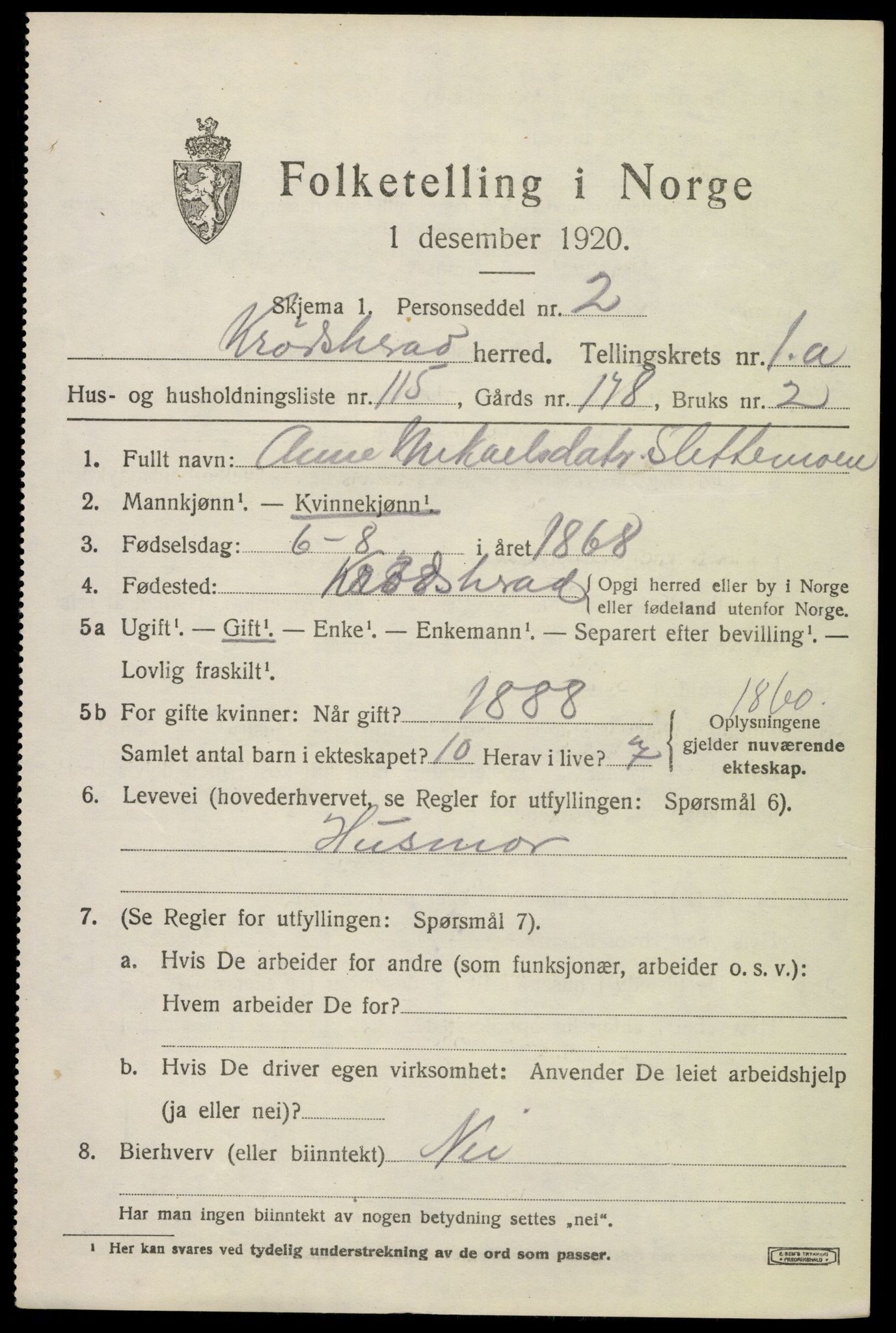 SAKO, 1920 census for Krødsherad, 1920, p. 2365