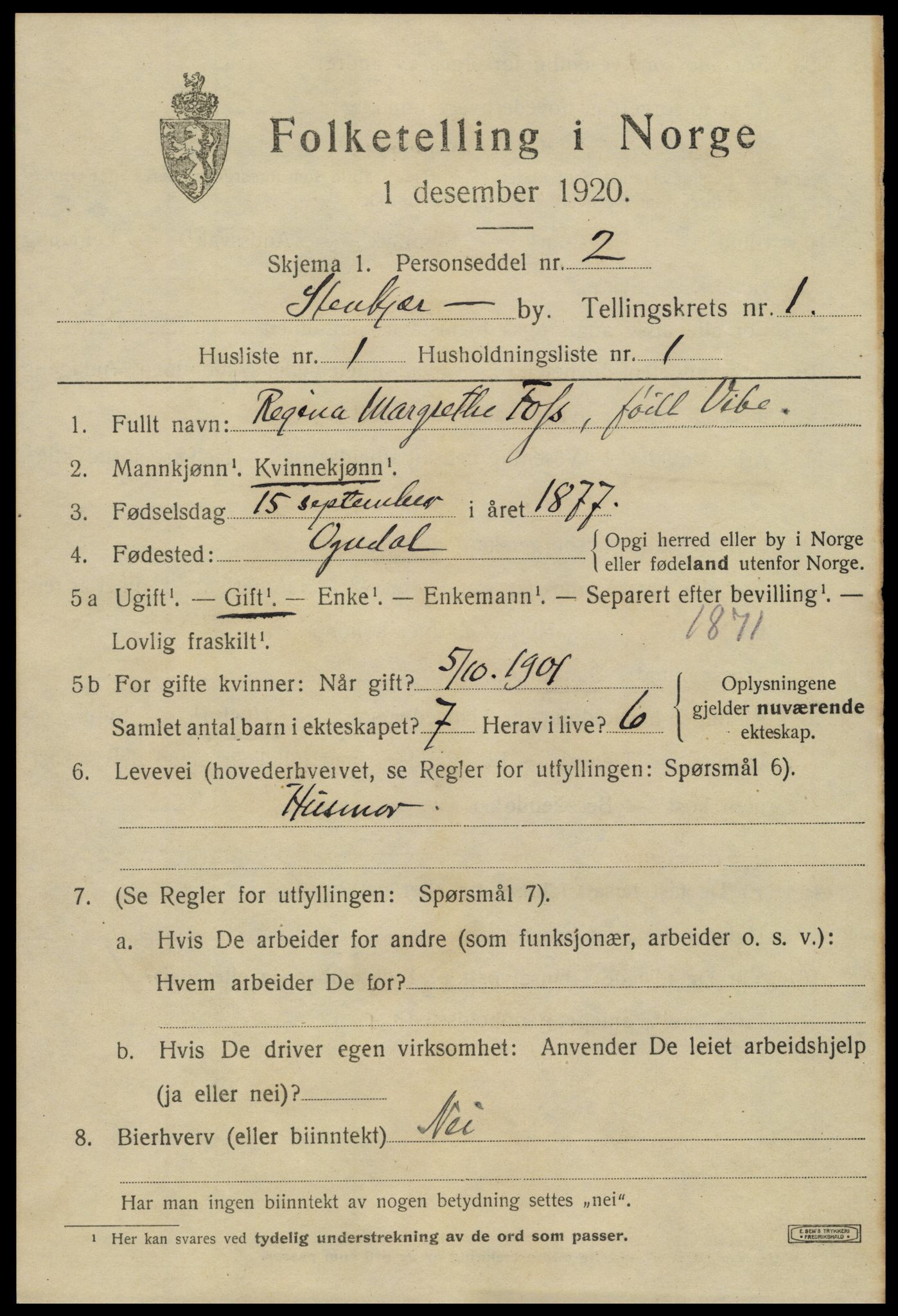 SAT, 1920 census for Steinkjer, 1920, p. 2350