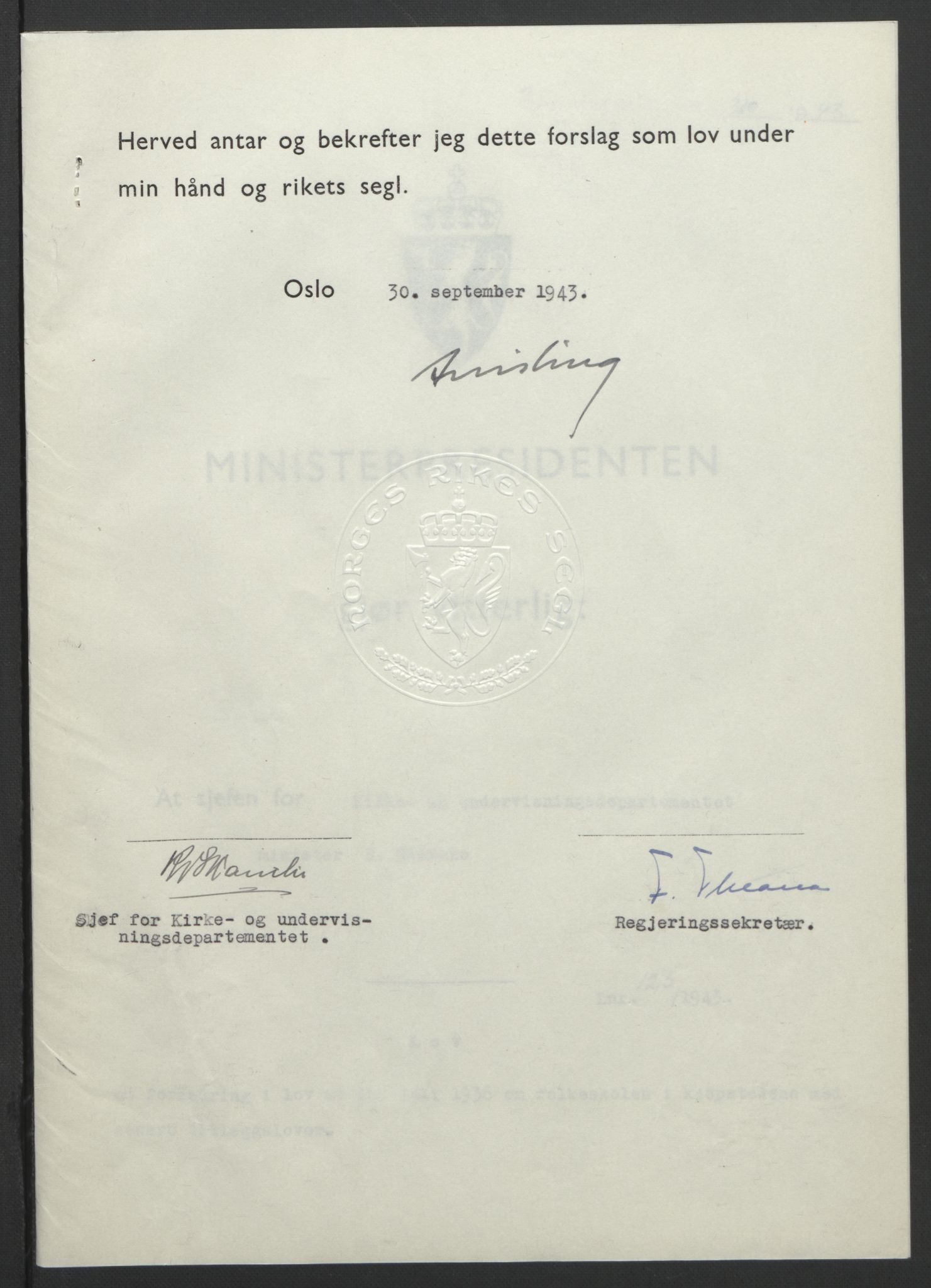 NS-administrasjonen 1940-1945 (Statsrådsekretariatet, de kommisariske statsråder mm), RA/S-4279/D/Db/L0099: Lover, 1943, p. 583