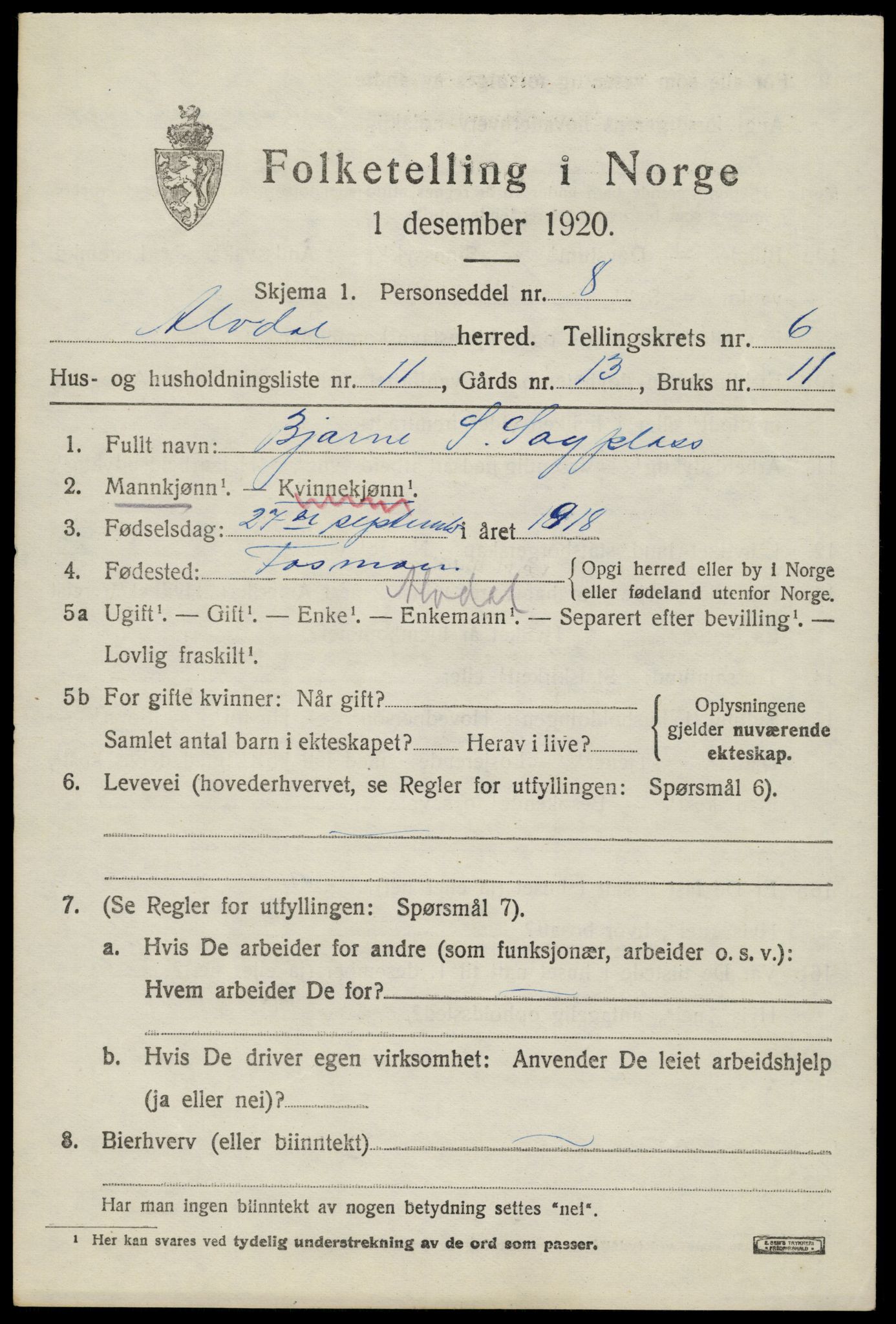 SAH, 1920 census for Alvdal, 1920, p. 3968