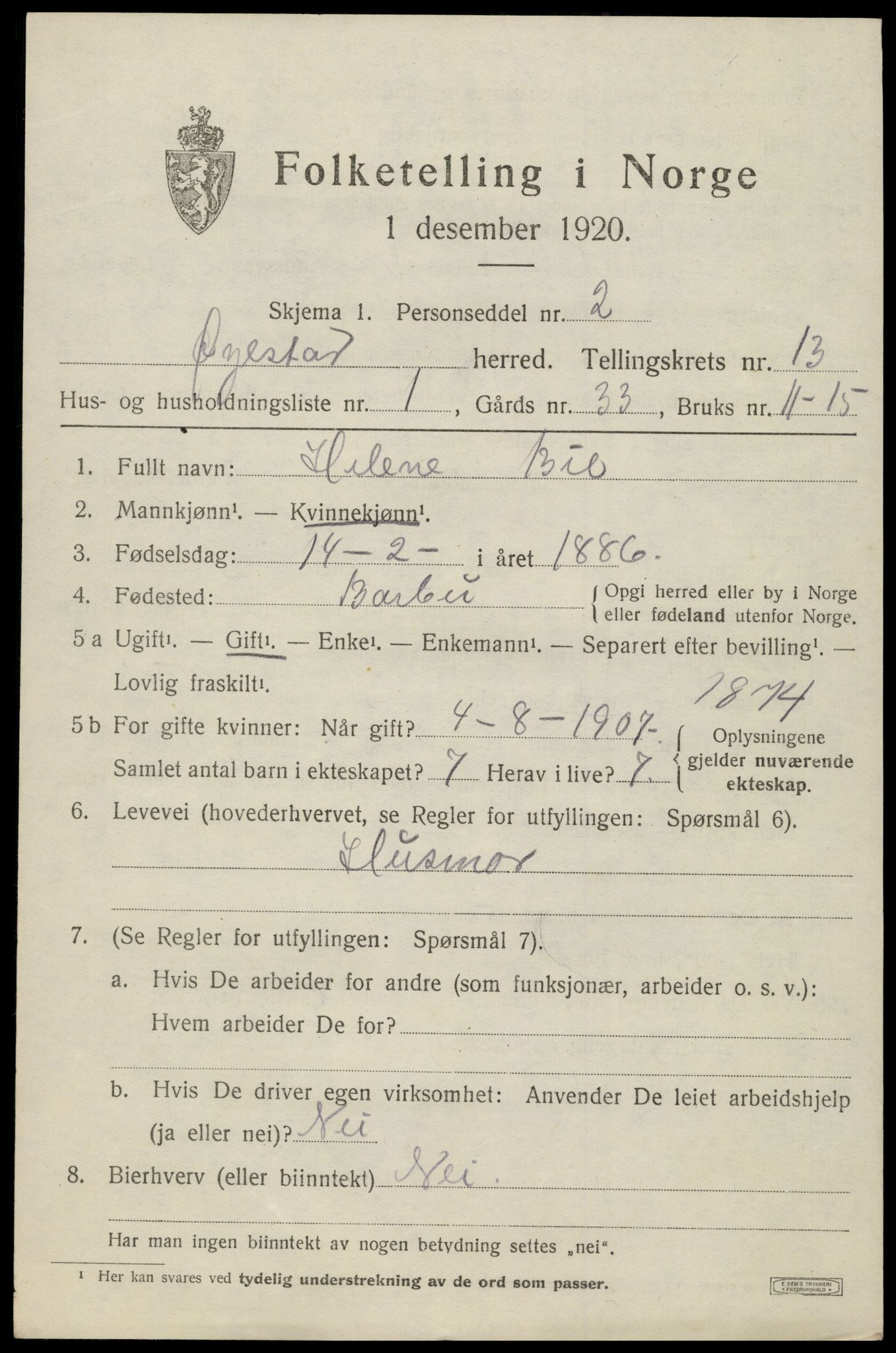 SAK, 1920 census for Øyestad, 1920, p. 8112