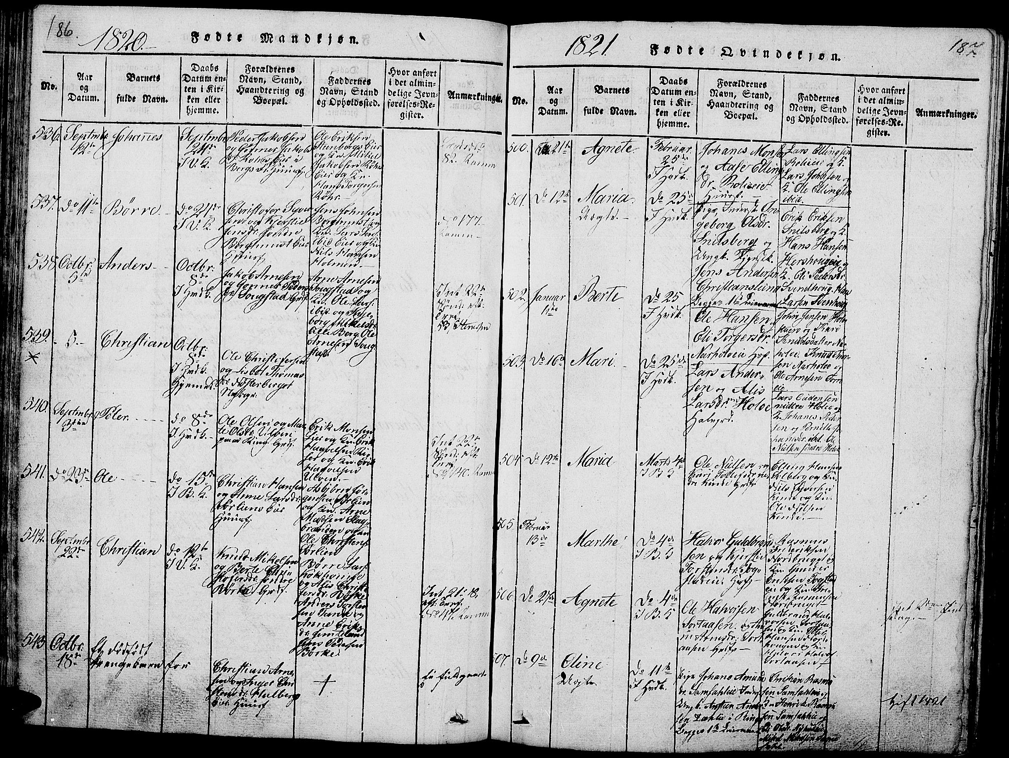 Ringsaker prestekontor, SAH/PREST-014/L/La/L0001: Parish register (copy) no. 1, 1814-1826, p. 186-187