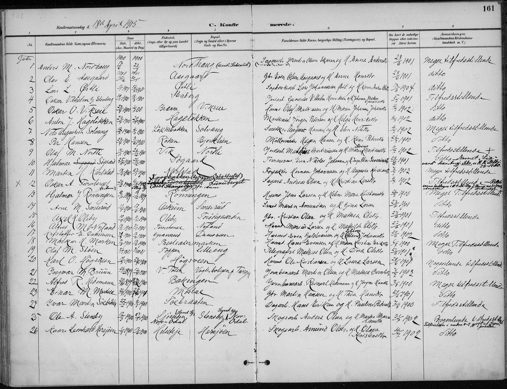 Stange prestekontor, AV/SAH-PREST-002/K/L0023: Parish register (official) no. 23, 1897-1920, p. 161