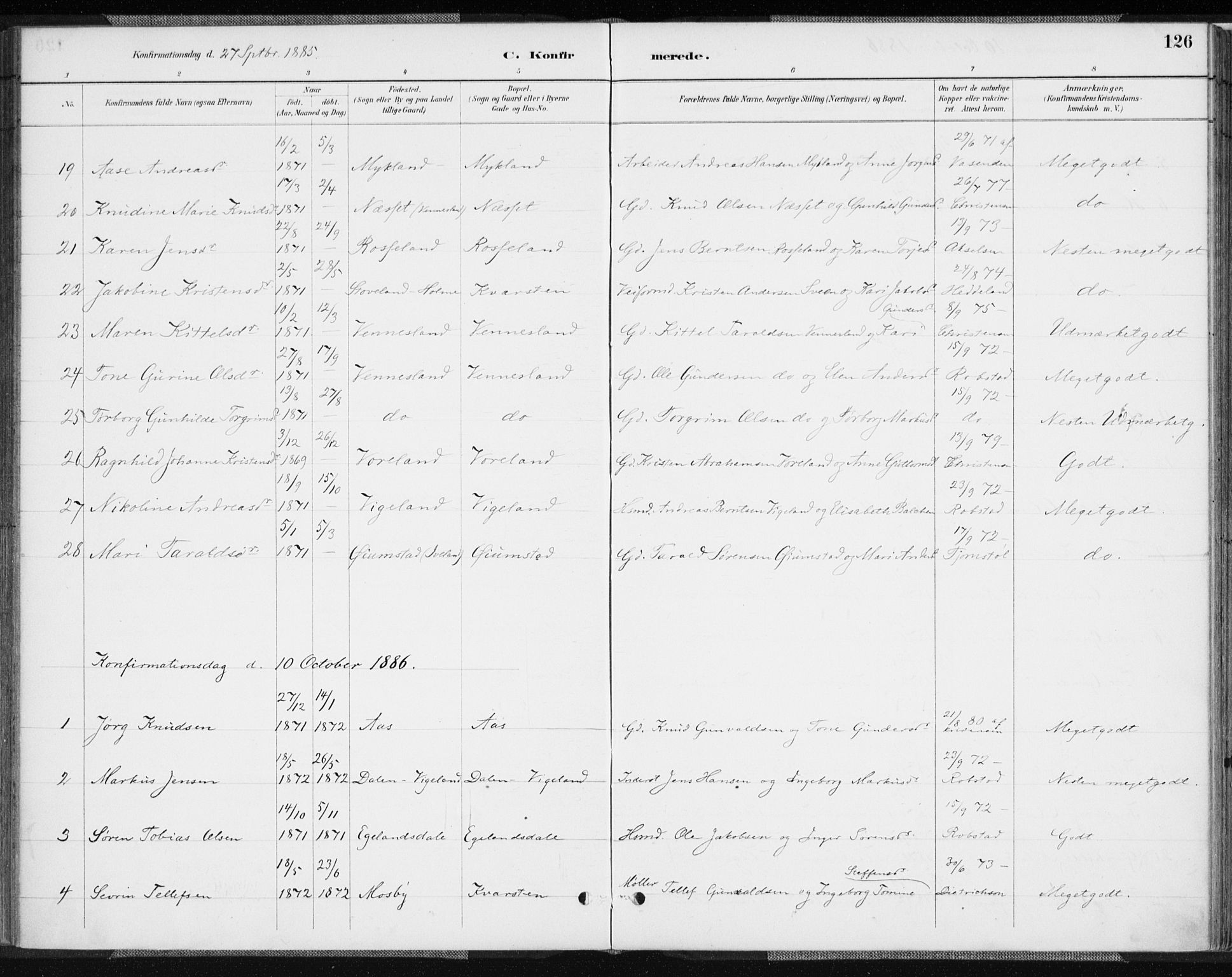 Vennesla sokneprestkontor, AV/SAK-1111-0045/Fa/Fab/L0004: Parish register (official) no. A 4, 1884-1896, p. 126