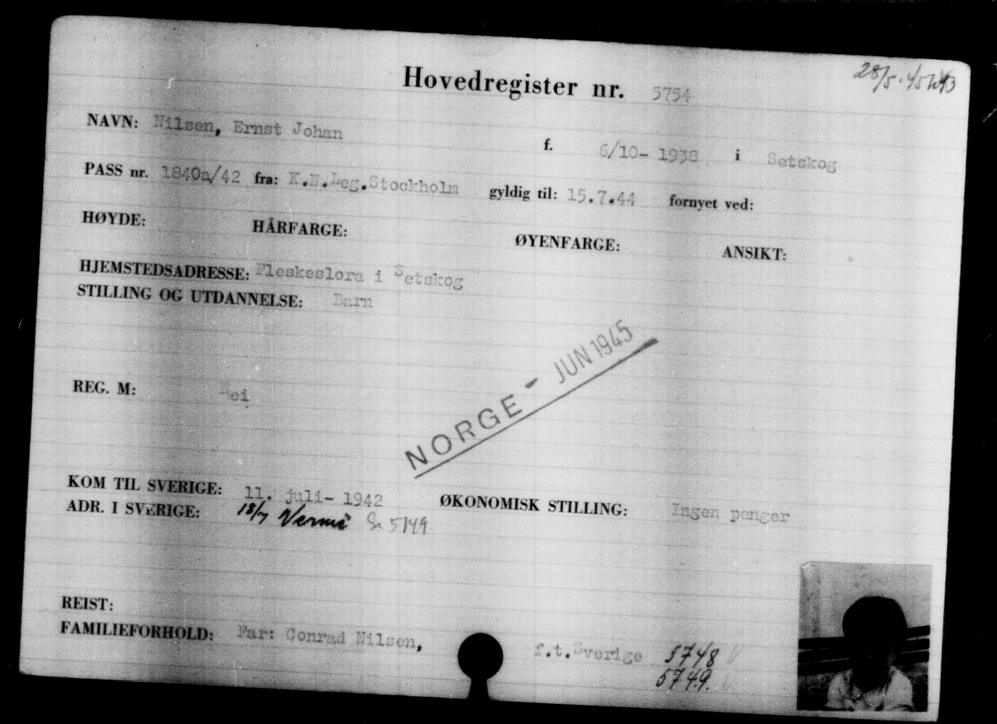 Utenriksstasjonene, Legasjonen i Stockholm, Flyktningkontoret, AV/RA-S-6753/V/Va/L0004: Kjesäterkartoteket, flyktninger med registreringsnr. 3496-6610, 1940-1945, p. 2617