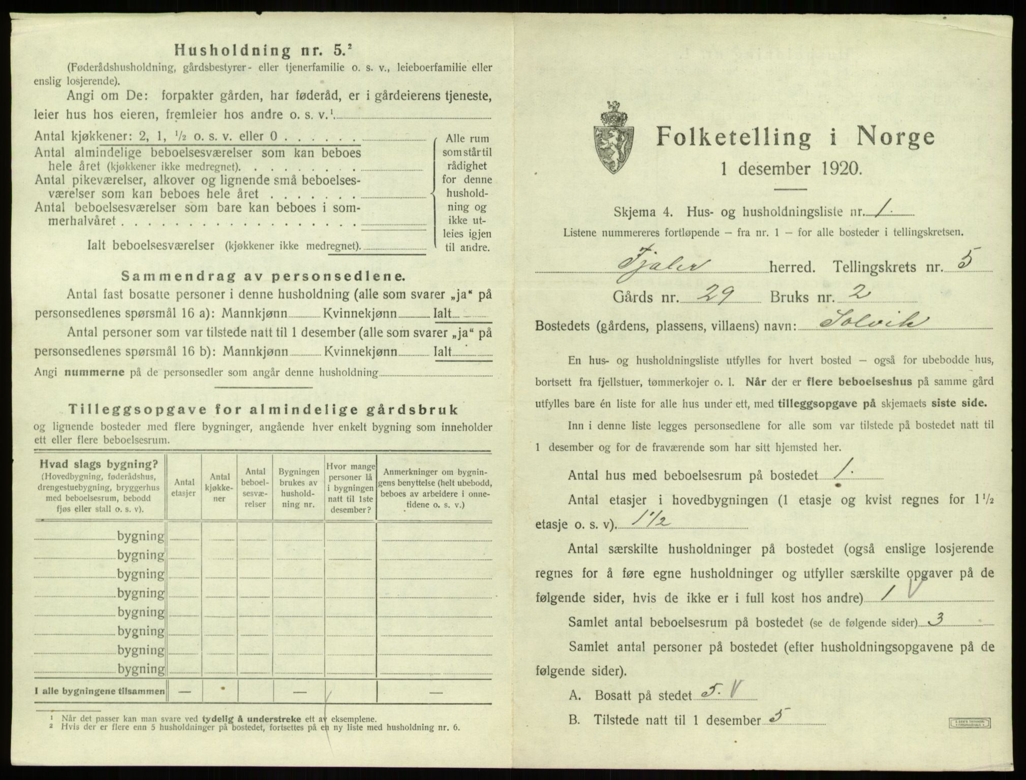 SAB, 1920 census for Fjaler, 1920, p. 444