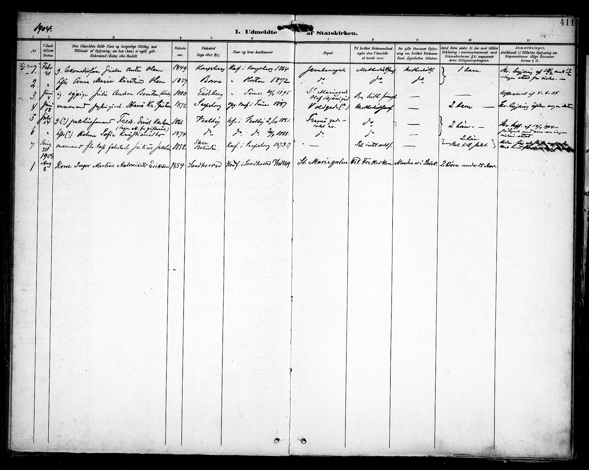 Sarpsborg prestekontor Kirkebøker, AV/SAO-A-2006/F/Fa/L0006: Parish register (official) no. 6, 1900-1909, p. 411