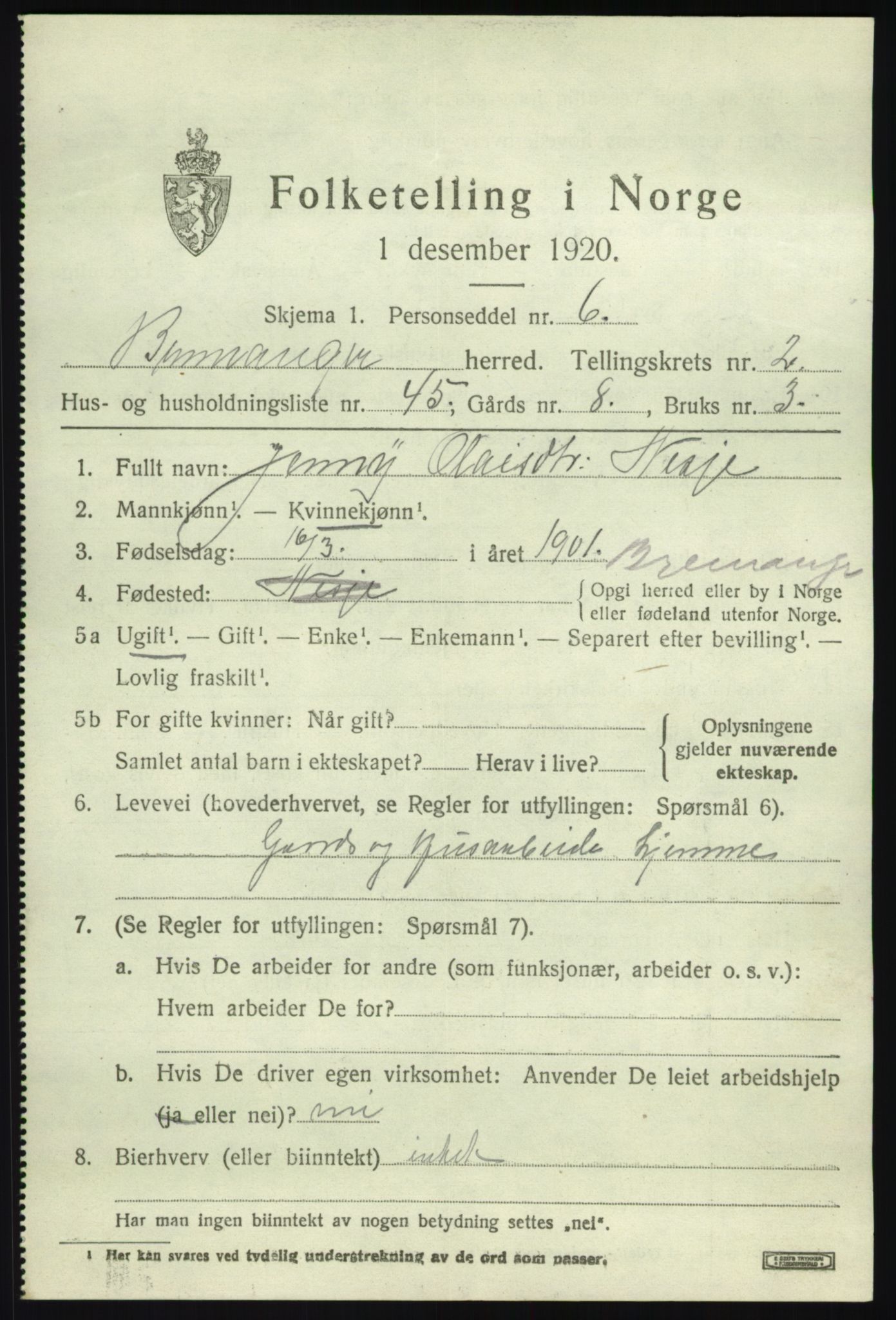SAB, 1920 census for Bremanger, 1920, p. 2342
