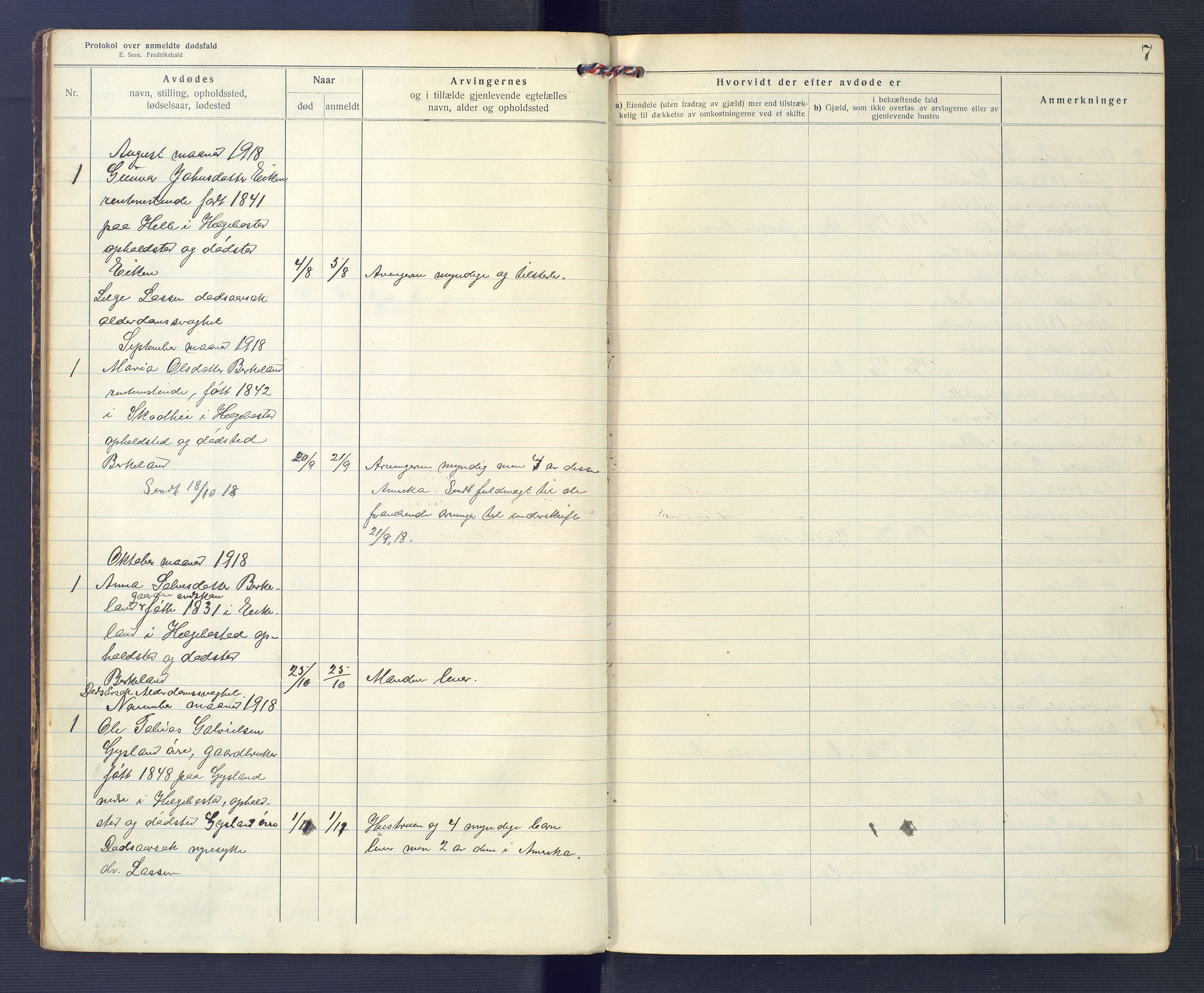 Hægebostad og Eiken lensmannskontor, AV/SAK-1241-0023/F/Fe/L0002: Dødsfallsprotokoll nr 34, 1917-1932, p. 7