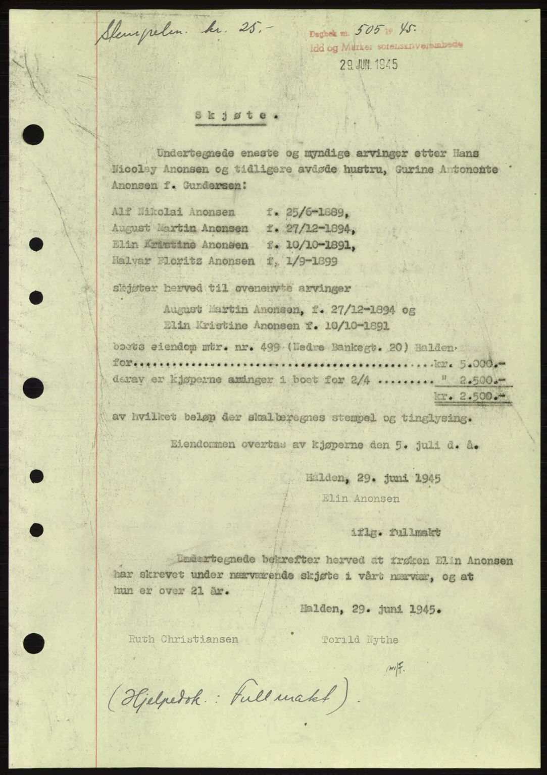 Idd og Marker sorenskriveri, AV/SAO-A-10283/G/Gb/Gbb/L0007: Mortgage book no. A7, 1944-1945, Diary no: : 505/1945