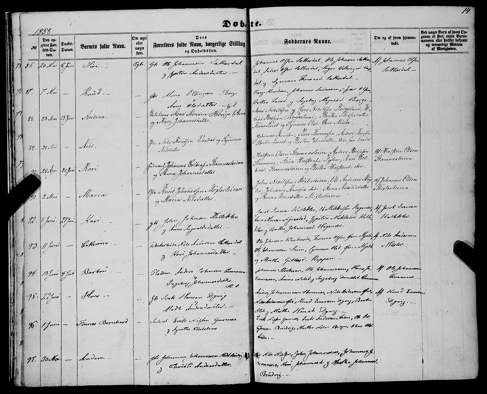 Haus sokneprestembete, AV/SAB-A-75601/H/Haa: Parish register (official) no. A 17, 1858-1870, p. 14