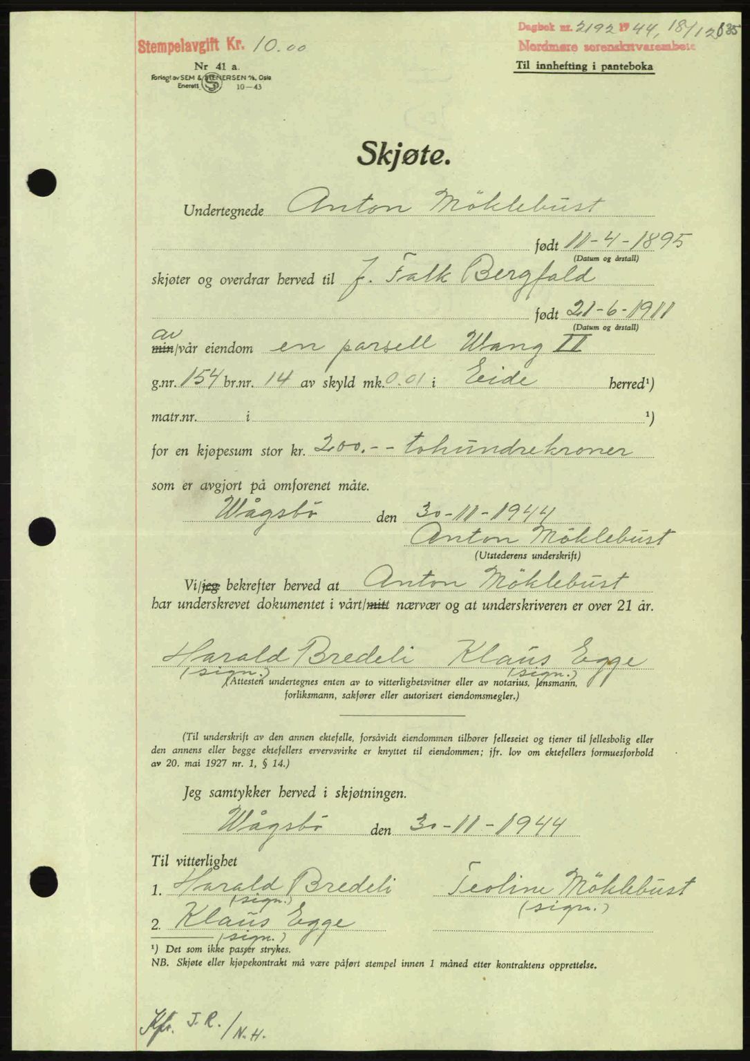 Nordmøre sorenskriveri, AV/SAT-A-4132/1/2/2Ca: Mortgage book no. A98, 1944-1944, Diary no: : 2192/1944