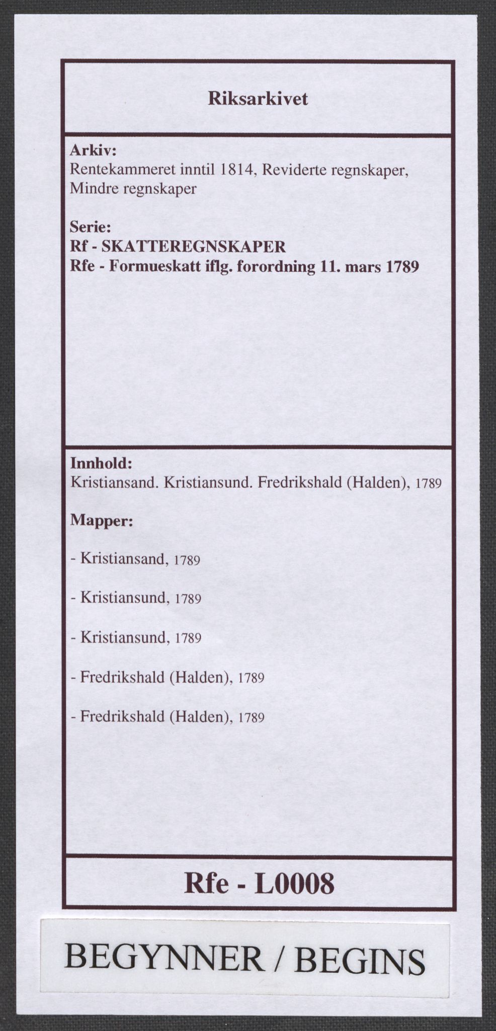 Rentekammeret inntil 1814, Reviderte regnskaper, Mindre regnskaper, AV/RA-EA-4068/Rf/Rfe/L0008: Kristiansand. Kristiansund. Fredrikshald (Halden), 1789, p. 1