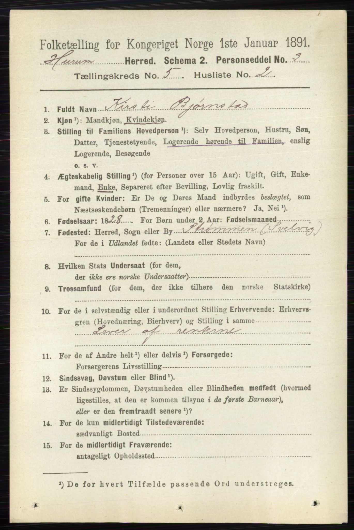 RA, 1891 census for 0628 Hurum, 1891, p. 1405