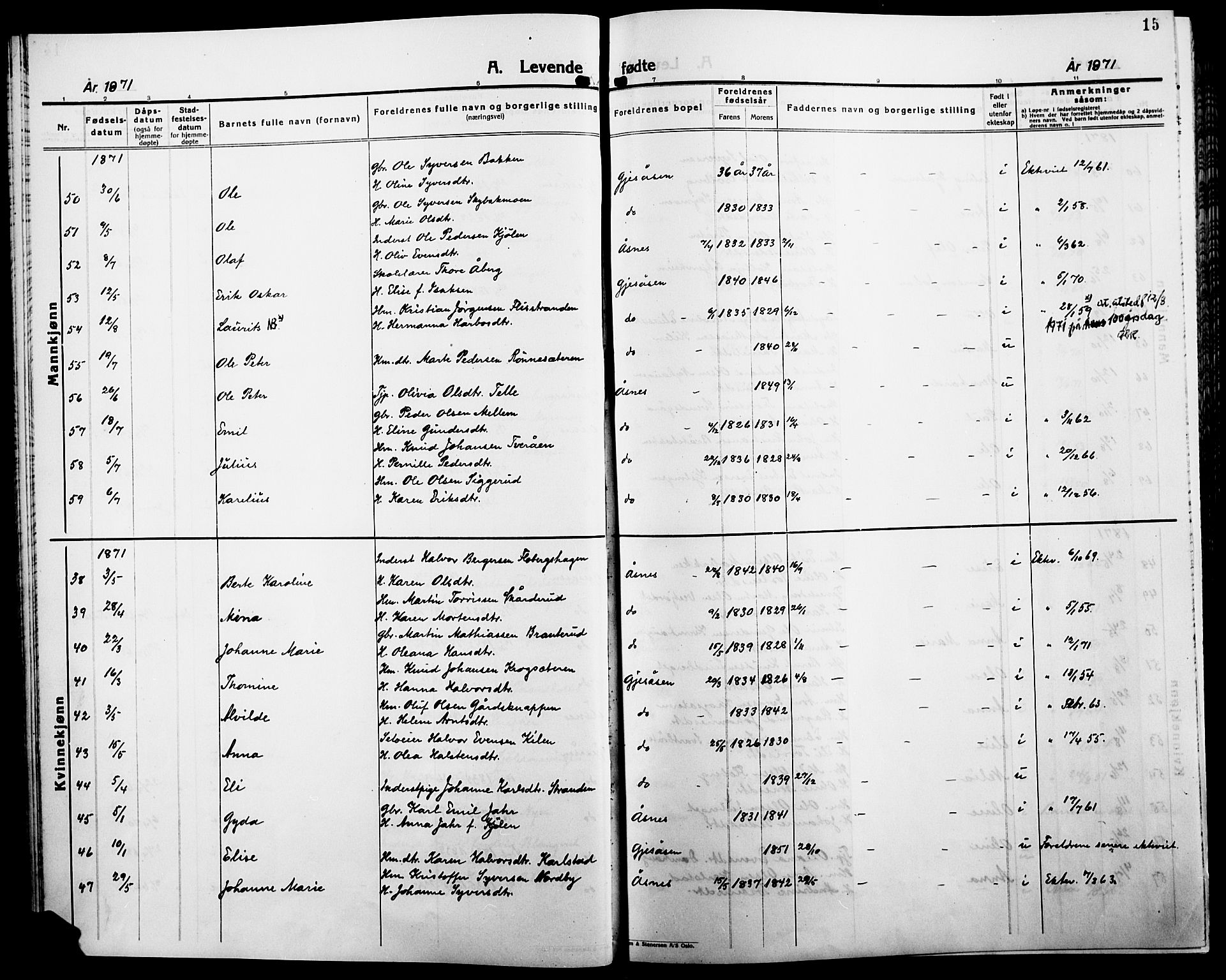 Åsnes prestekontor, AV/SAH-PREST-042/H/Ha/Haa/L0000B: Parish register (official), 1870-1889, p. 15