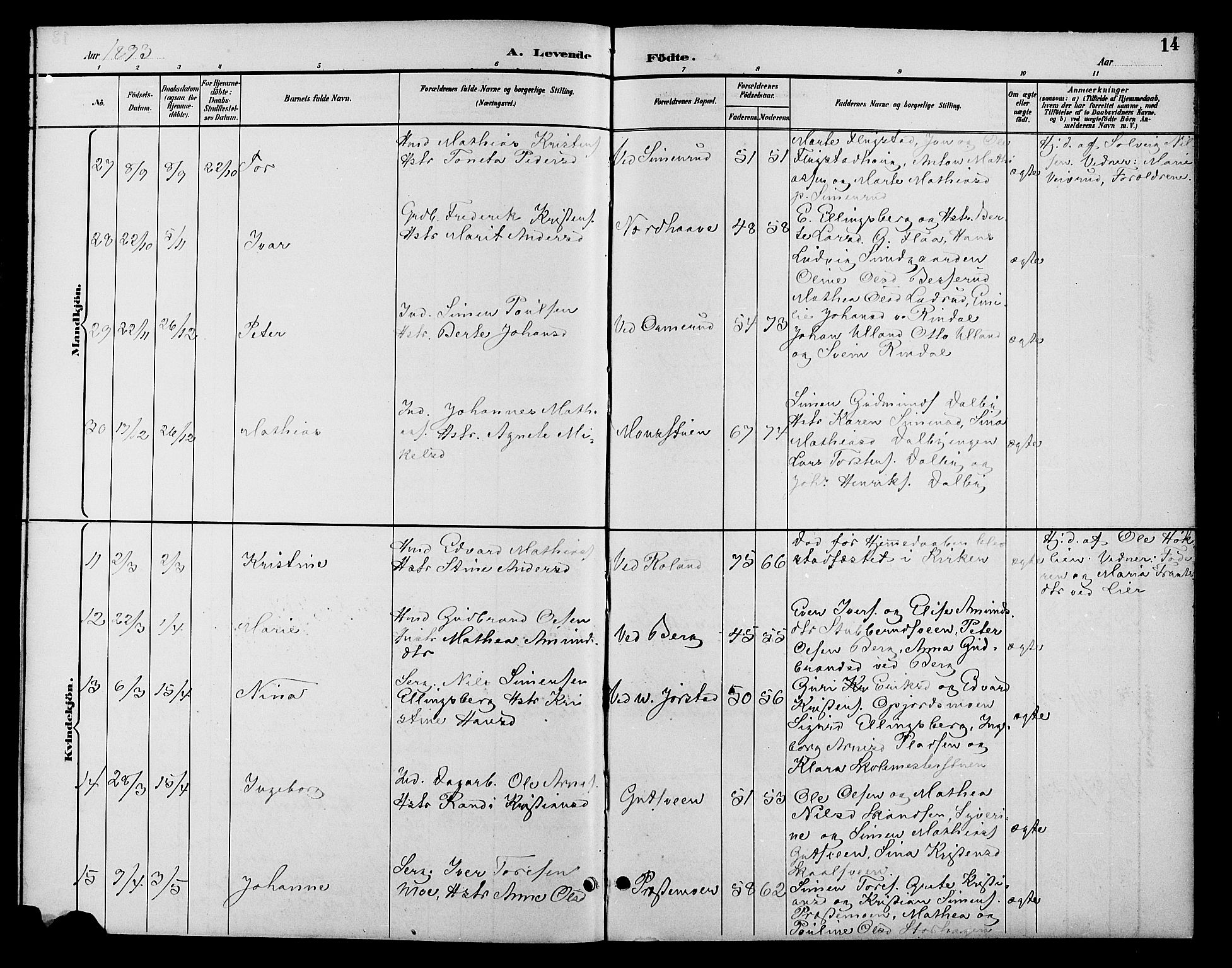 Fåberg prestekontor, AV/SAH-PREST-086/H/Ha/Hab/L0010: Parish register (copy) no. 10, 1892-1900, p. 14