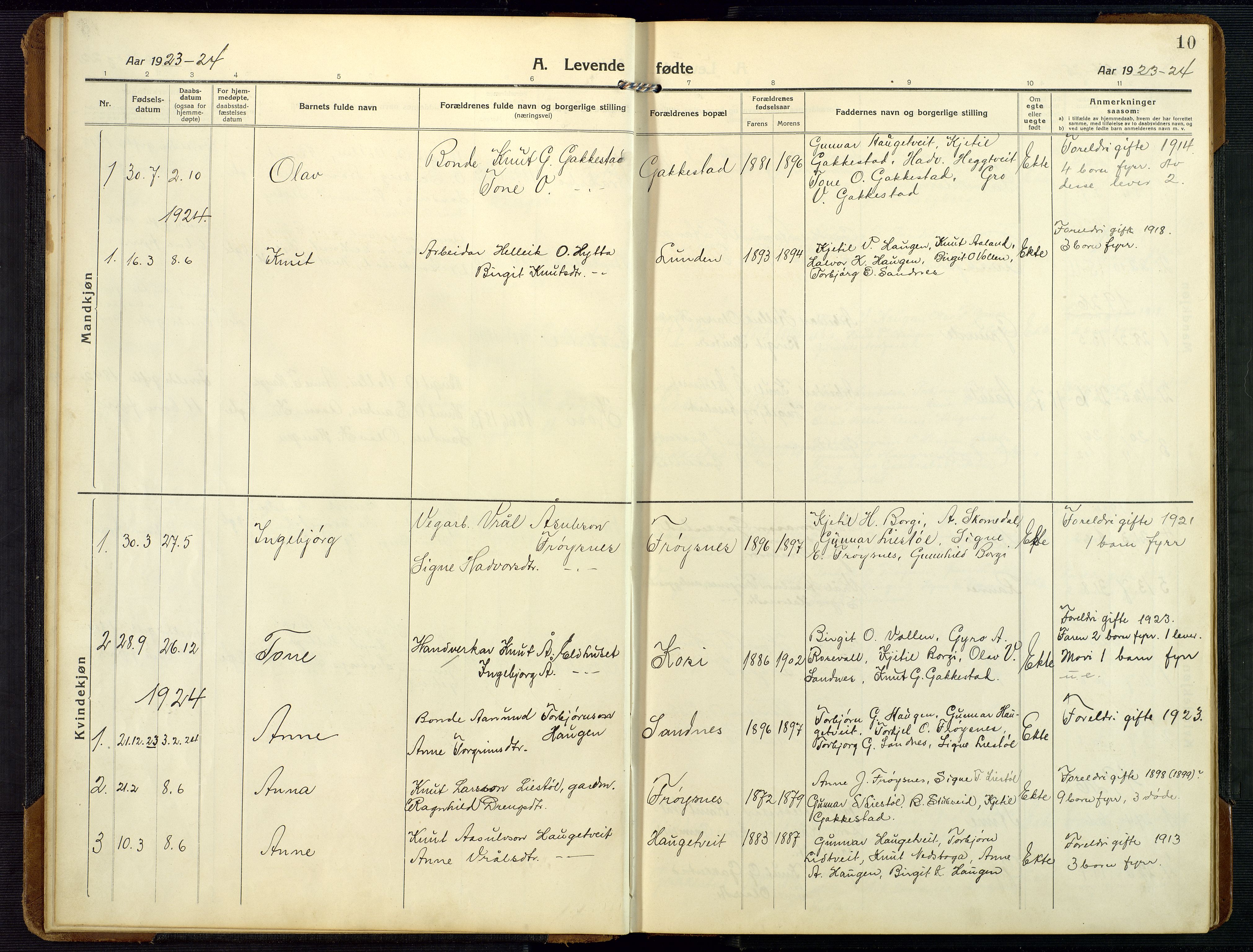 Bygland sokneprestkontor, AV/SAK-1111-0006/F/Fb/Fbc/L0003: Parish register (copy) no. B 3, 1916-1975, p. 10