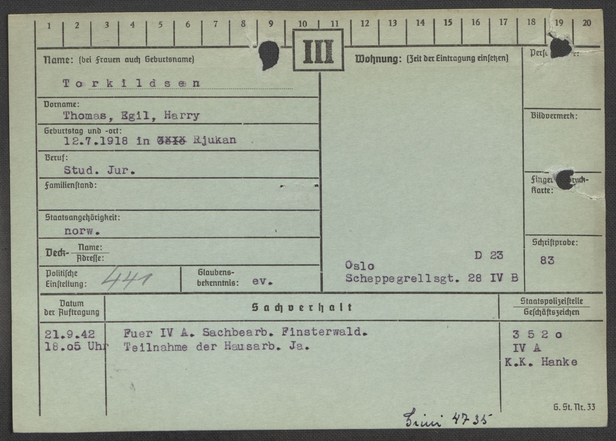 Befehlshaber der Sicherheitspolizei und des SD, AV/RA-RAFA-5969/E/Ea/Eaa/L0010: Register over norske fanger i Møllergata 19: Sø-Å, 1940-1945, p. 398