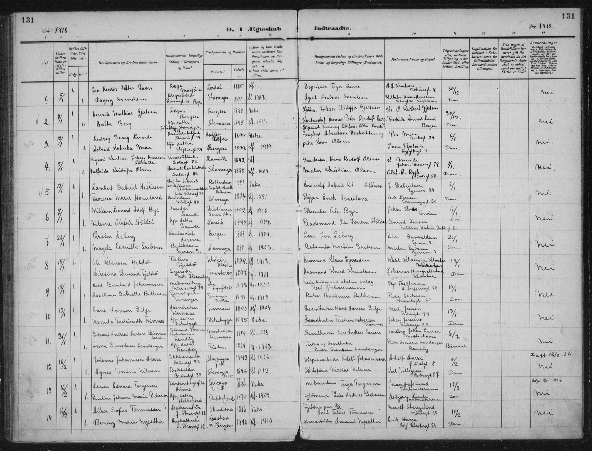 Domkirken sokneprestkontor, AV/SAST-A-101812/002/A/L0016: Parish register (official) no. A 33, 1905-1922, p. 131