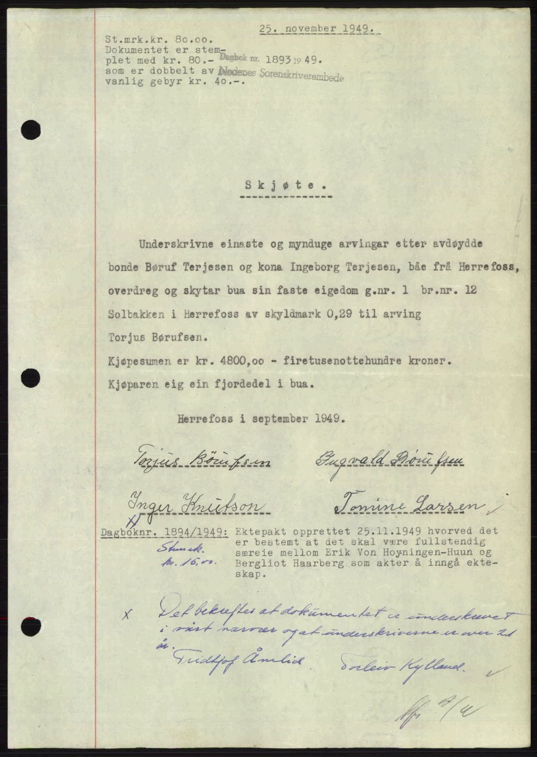 Nedenes sorenskriveri, SAK/1221-0006/G/Gb/Gba/L0061: Mortgage book no. A13, 1949-1949, Diary no: : 1893/1949