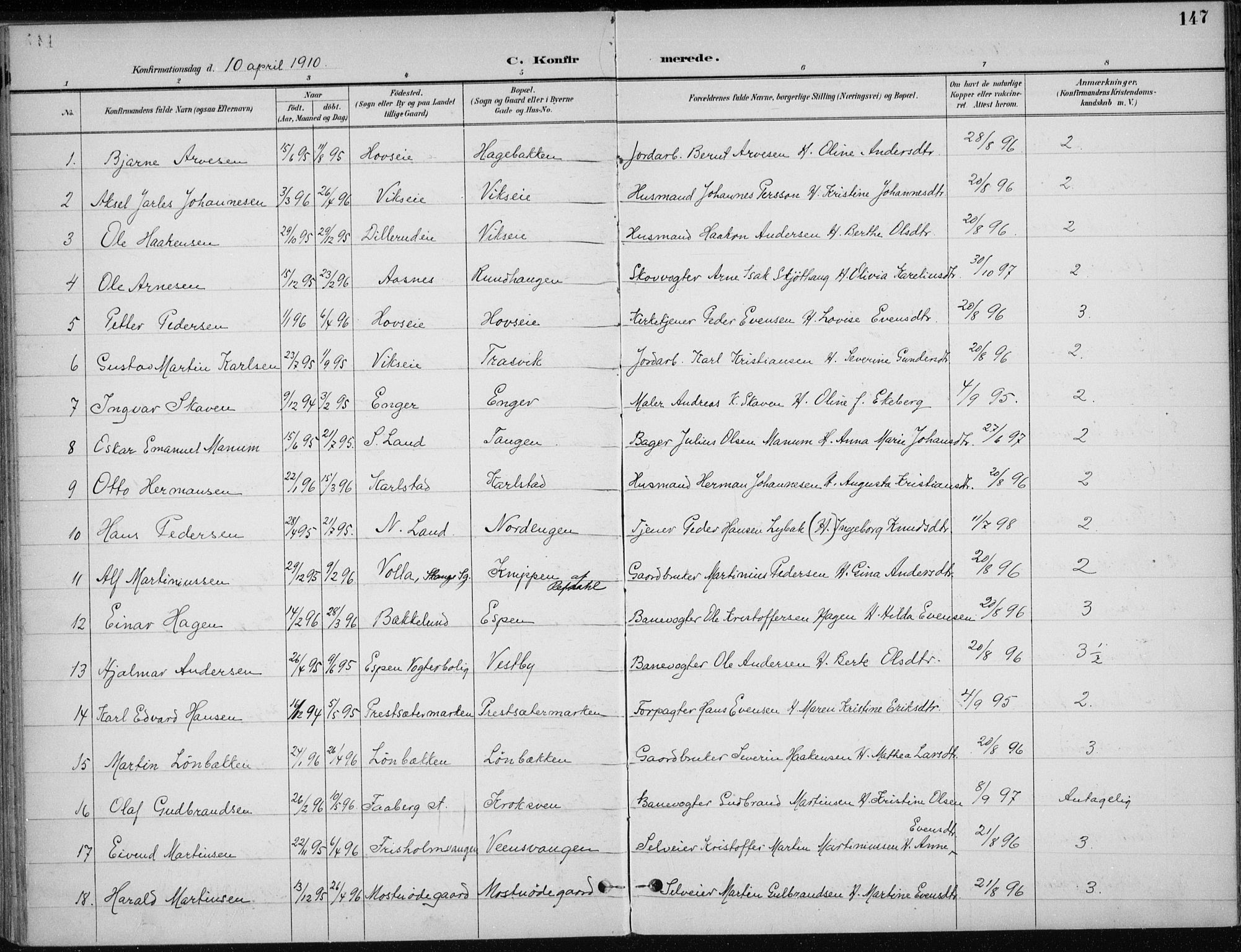 Stange prestekontor, AV/SAH-PREST-002/K/L0023: Parish register (official) no. 23, 1897-1920, p. 147