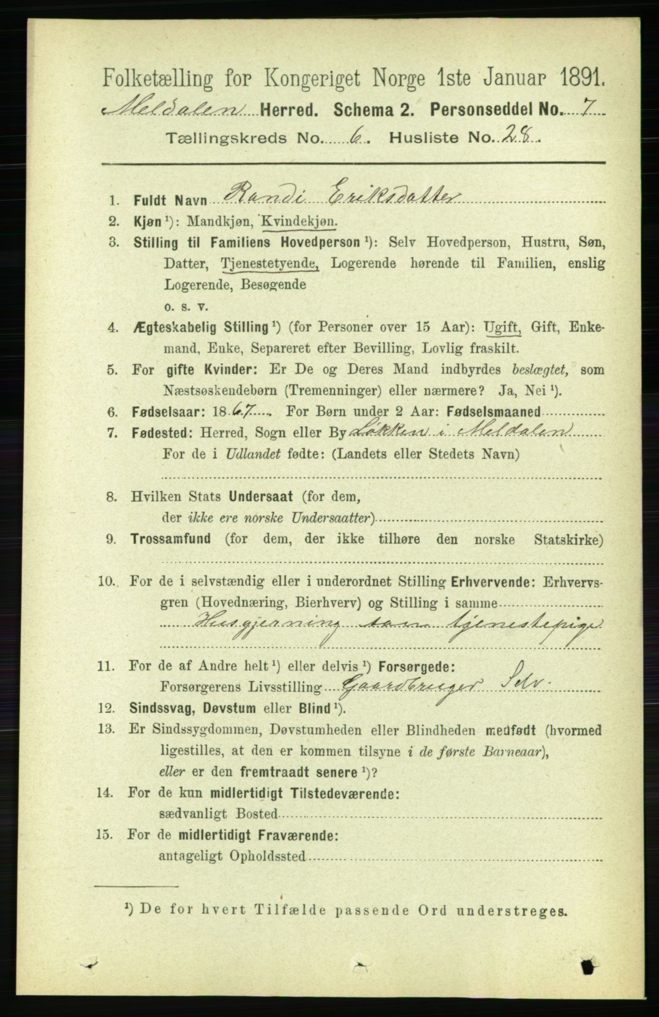 RA, 1891 census for 1636 Meldal, 1891, p. 3039