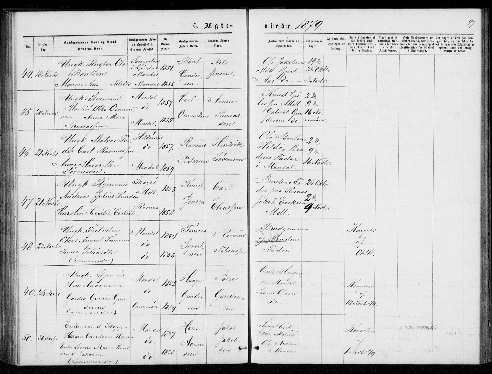 Mandal sokneprestkontor, AV/SAK-1111-0030/F/Fb/Fba/L0010: Parish register (copy) no. B 4, 1876-1880, p. 97