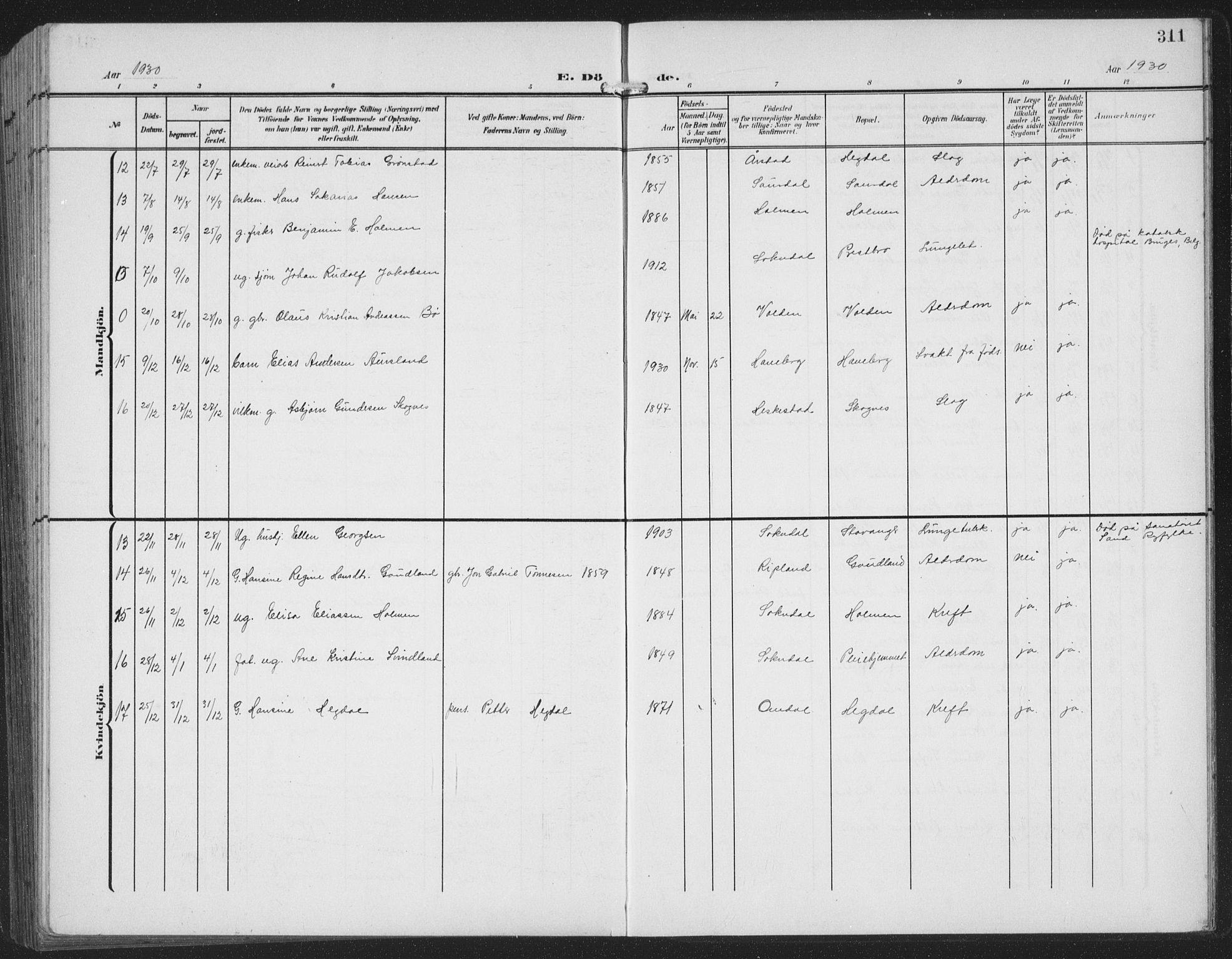 Sokndal sokneprestkontor, AV/SAST-A-101808: Parish register (copy) no. B 8, 1908-1934, p. 311