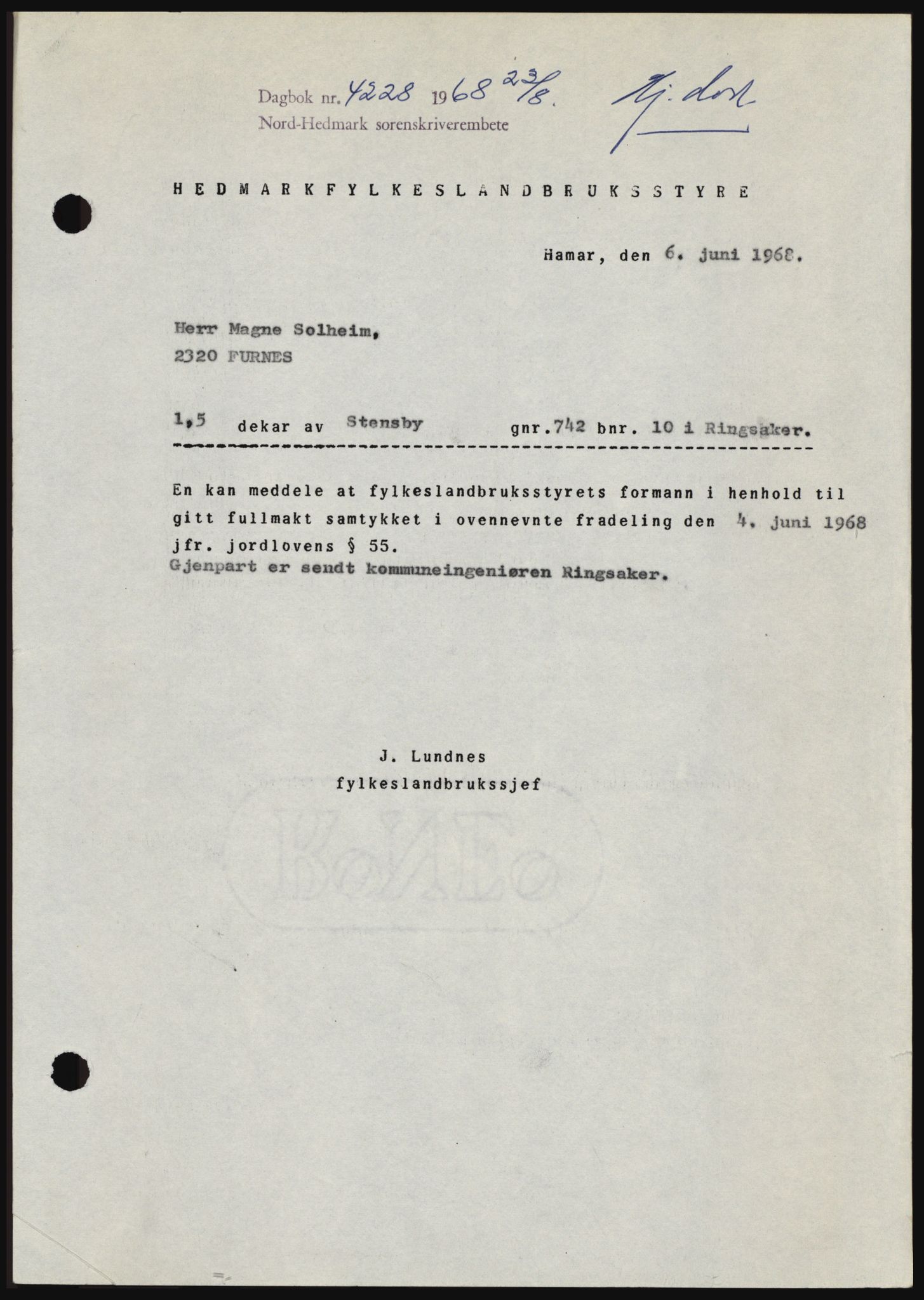 Nord-Hedmark sorenskriveri, SAH/TING-012/H/Hc/L0028: Mortgage book no. 28, 1968-1968, Diary no: : 4228/1968