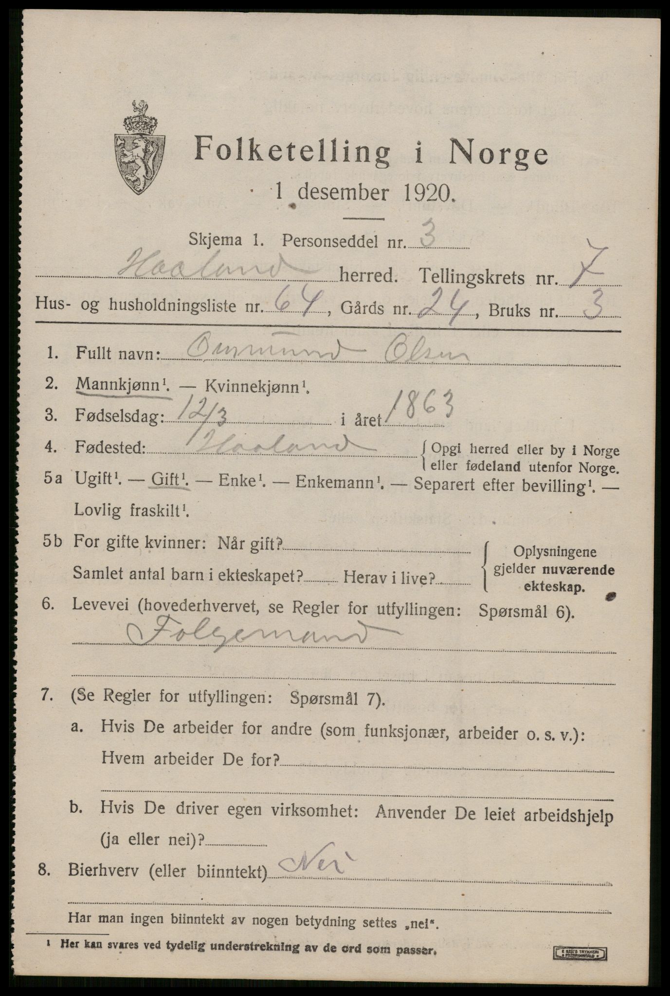 SAST, 1920 census for Håland, 1920, p. 6335