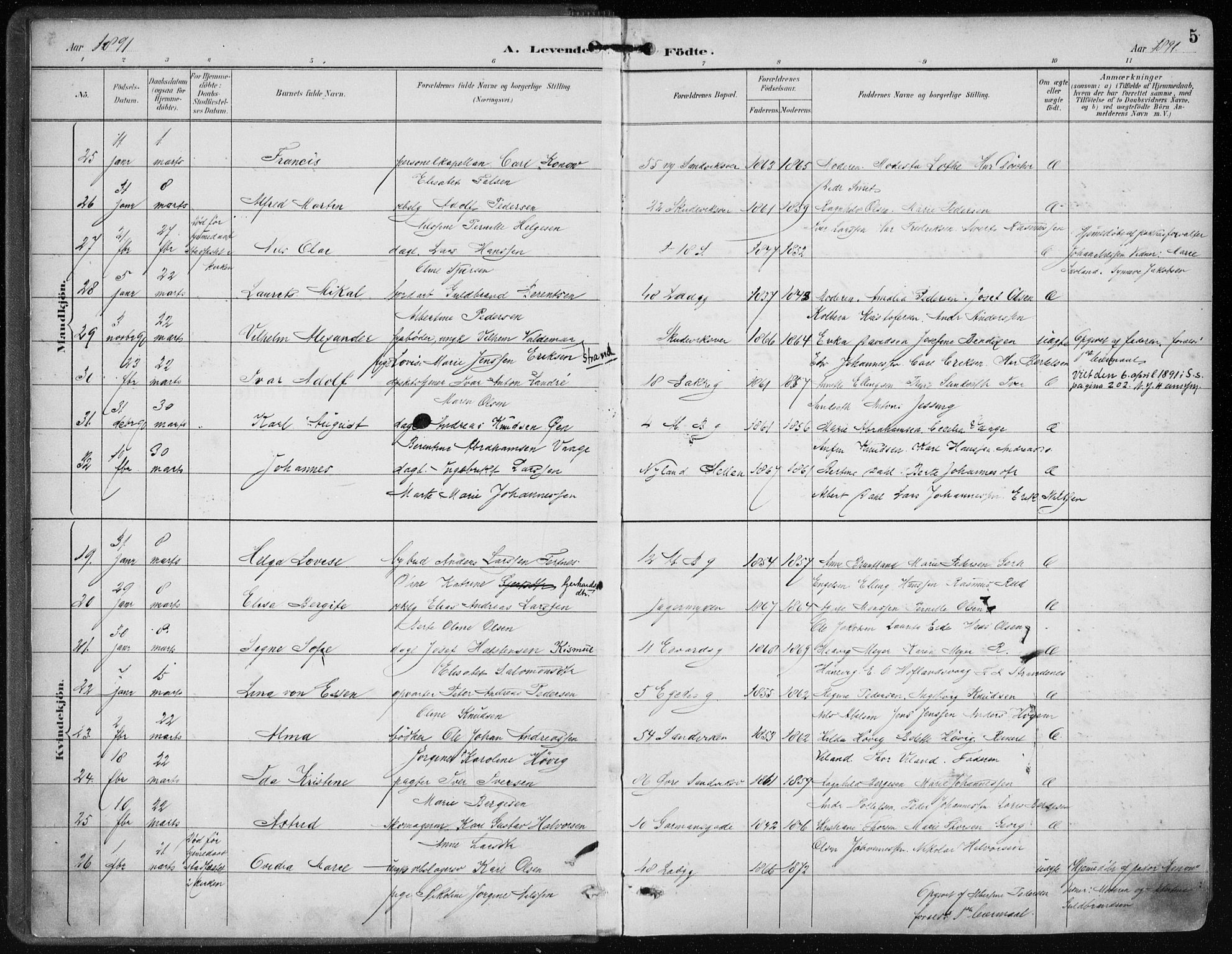 Sandviken Sokneprestembete, SAB/A-77601/H/Ha/L0005: Parish register (official) no. B 2, 1891-1901, p. 5