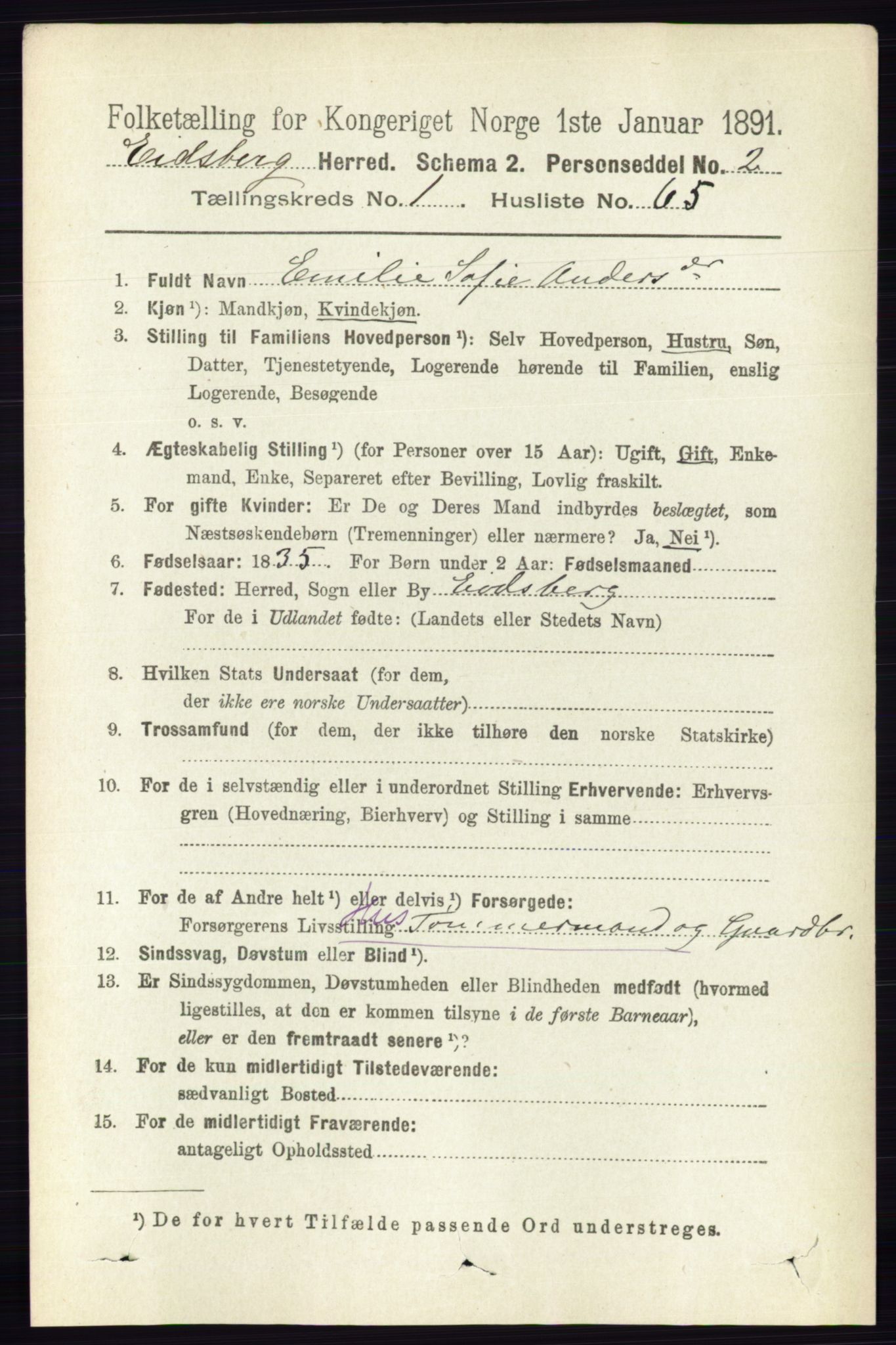 RA, 1891 census for 0125 Eidsberg, 1891, p. 545