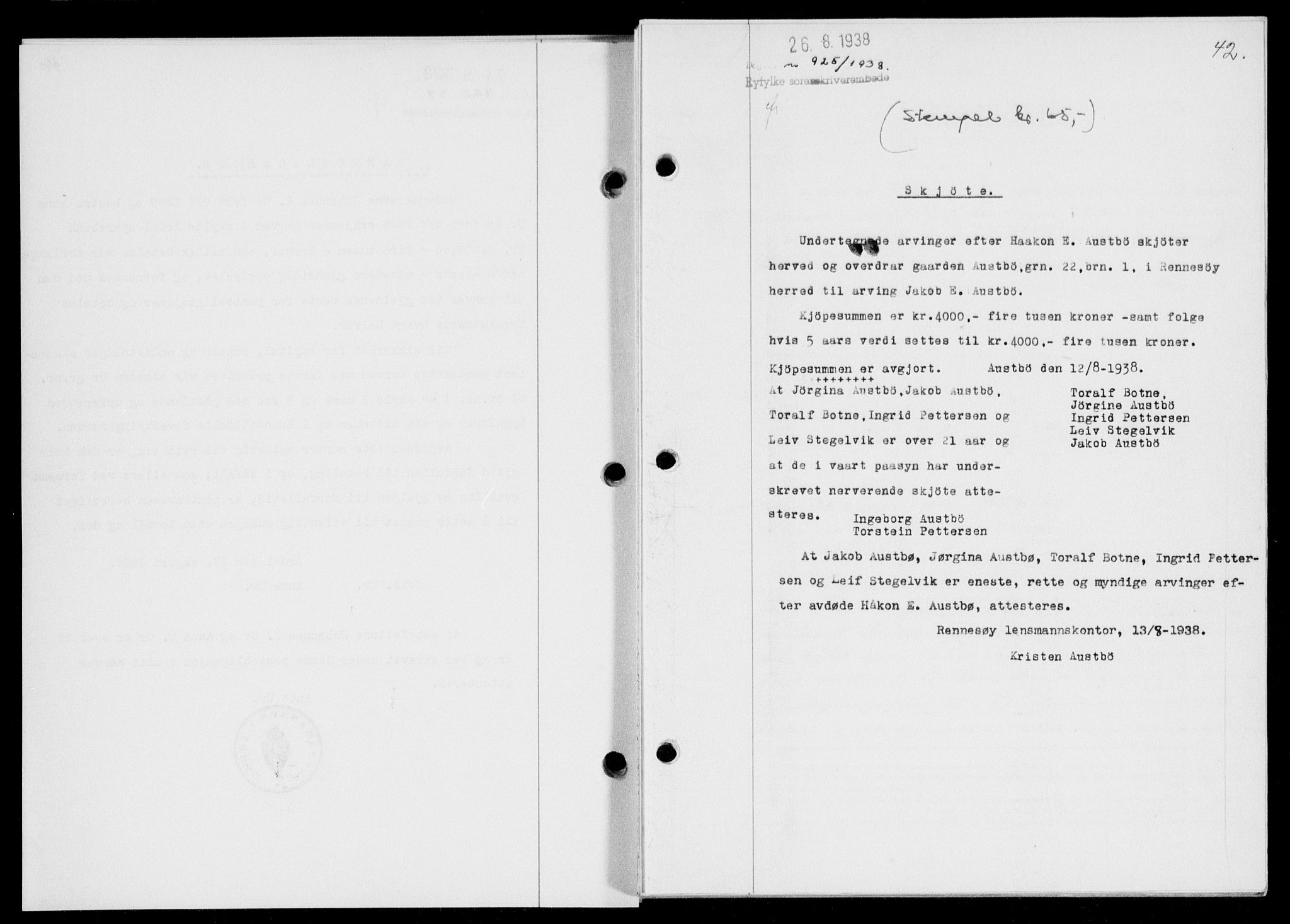 Ryfylke tingrett, SAST/A-100055/001/II/IIB/L0078: Mortgage book no. 57, 1938-1938, Diary no: : 925/1938