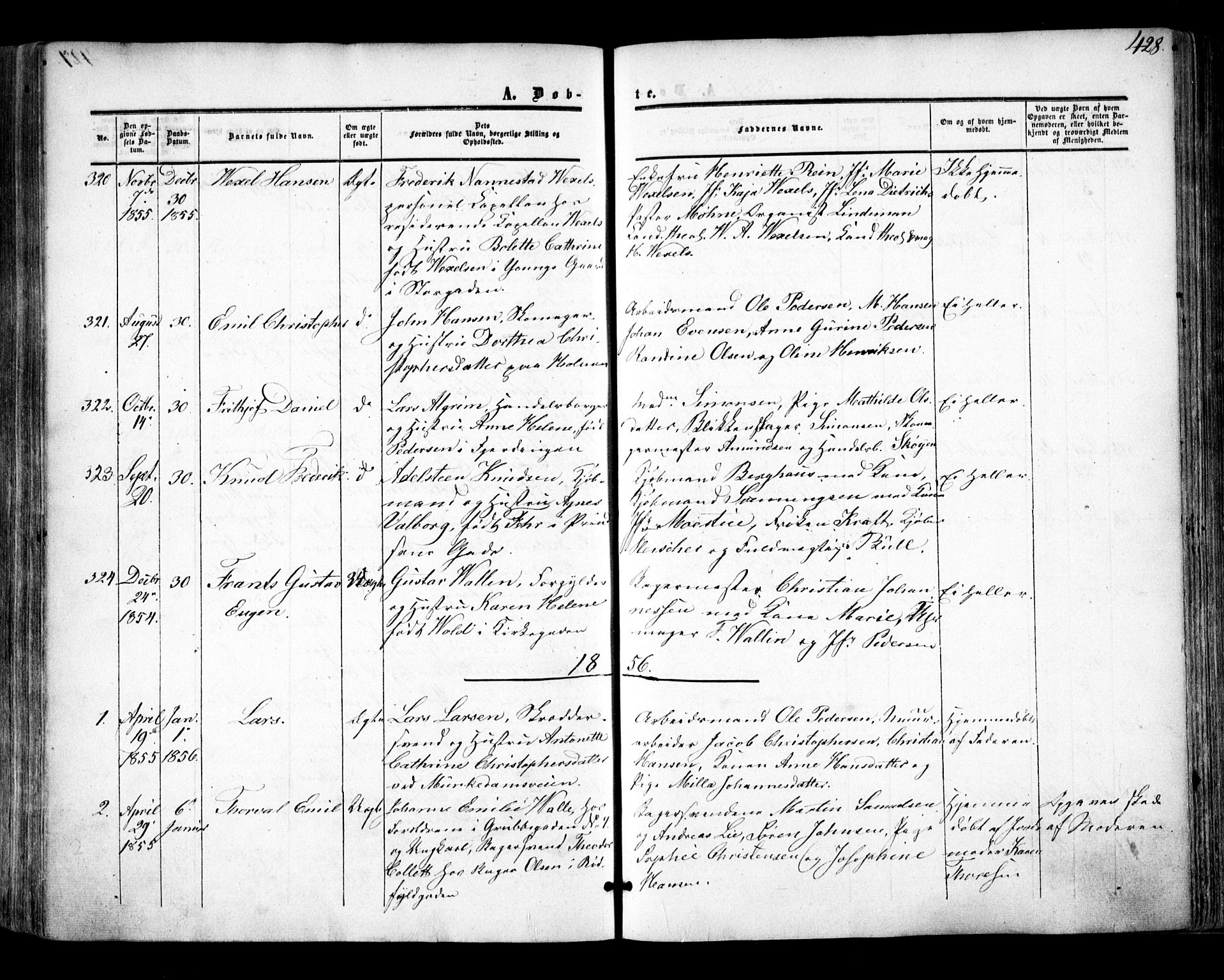 Oslo domkirke Kirkebøker, SAO/A-10752/F/Fa/L0014: Parish register (official) no. 14, 1850-1857, p. 428