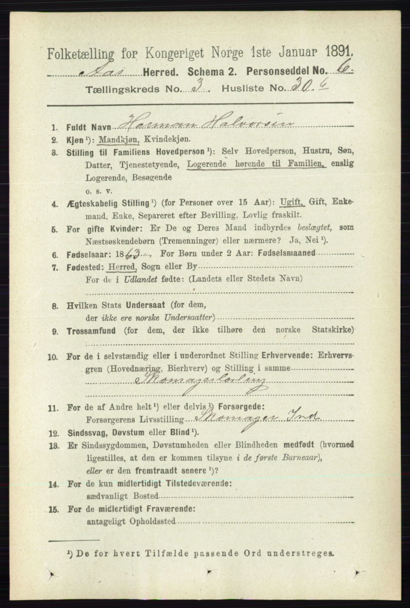 RA, 1891 census for 0214 Ås, 1891, p. 2921