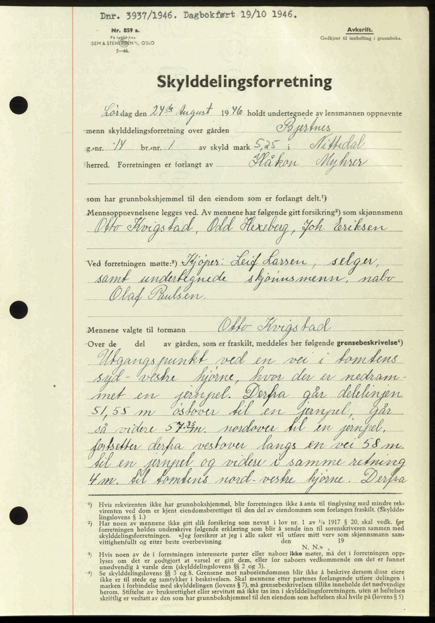 Nedre Romerike sorenskriveri, AV/SAO-A-10469/G/Gb/Gbd/L0017: Mortgage book no. 17, 1946-1946, Diary no: : 3937/1946