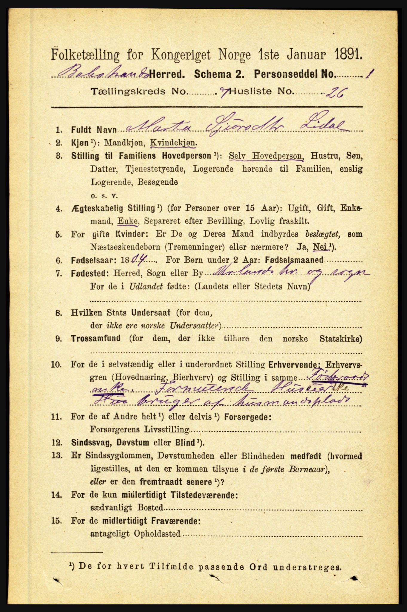 RA, 1891 census for 1418 Balestrand, 1891, p. 1670