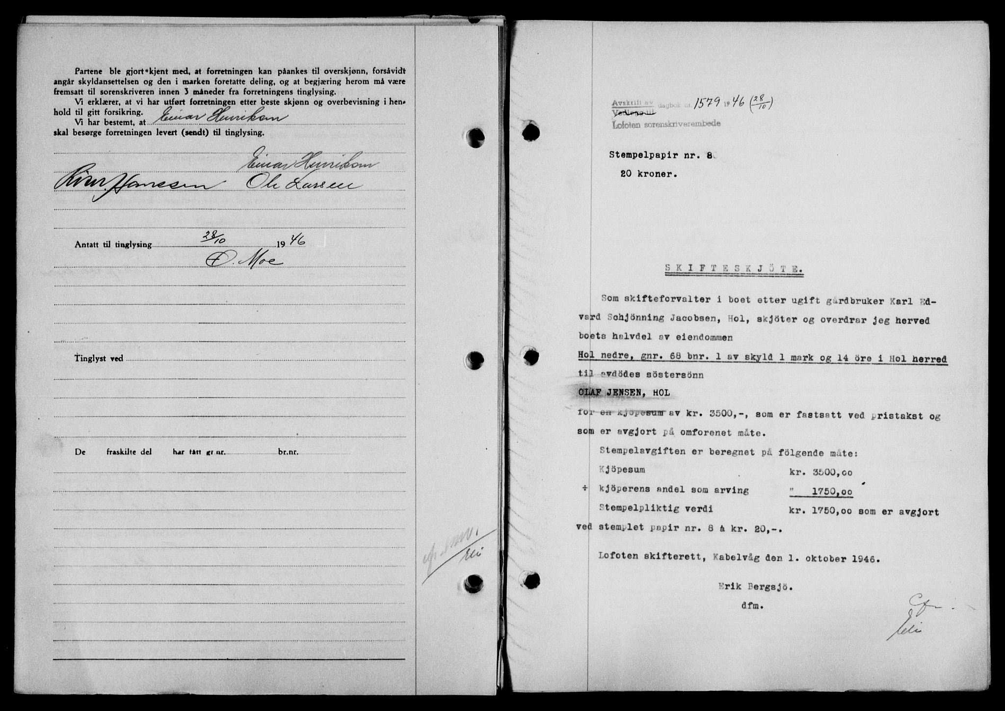 Lofoten sorenskriveri, SAT/A-0017/1/2/2C/L0014a: Mortgage book no. 14a, 1946-1946, Diary no: : 1579/1946
