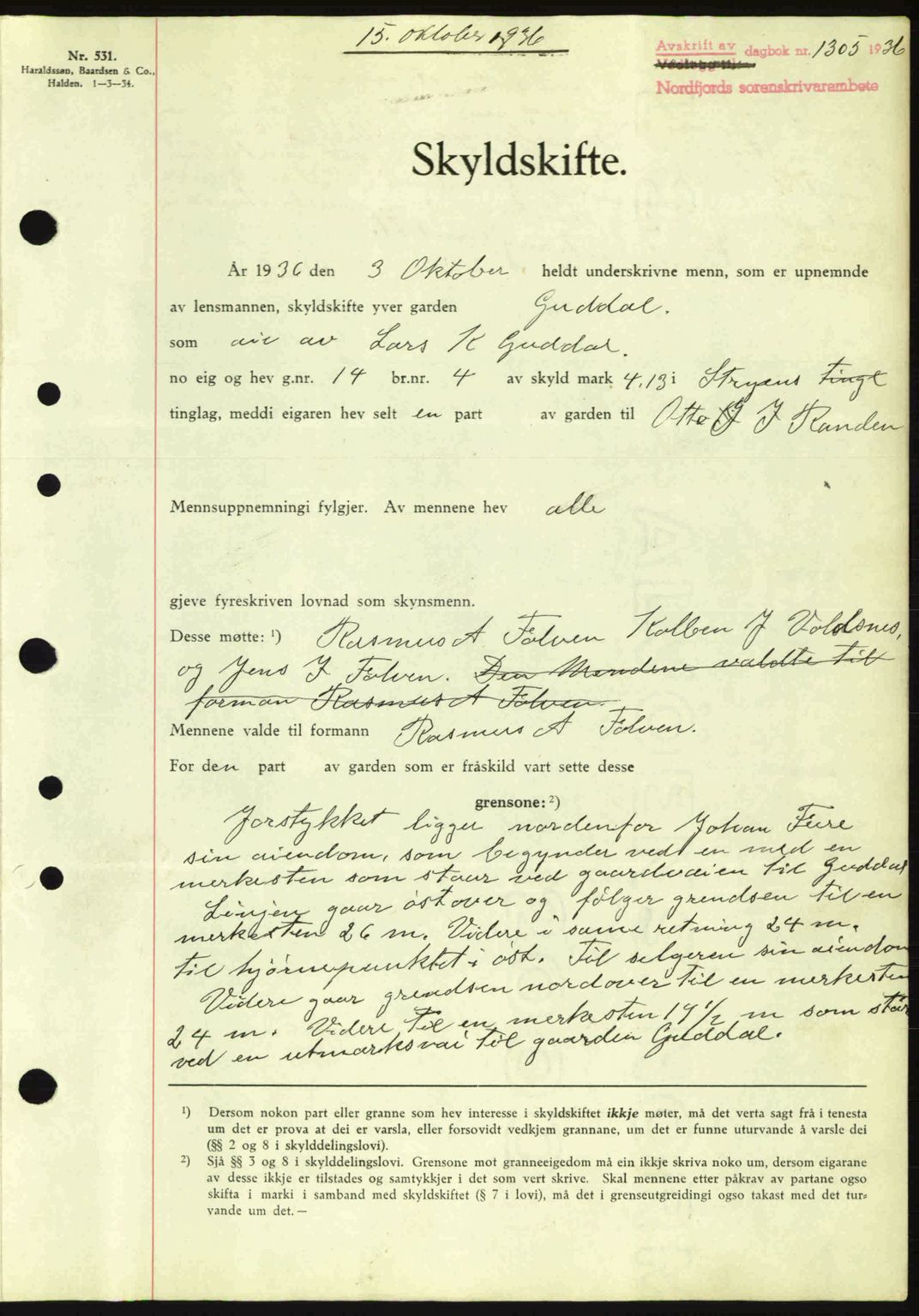 Nordfjord sorenskriveri, SAB/A-2801/02/02b/02bj/L0001: Mortgage book no. A1, 1936-1937, Diary no: : 1305/1936