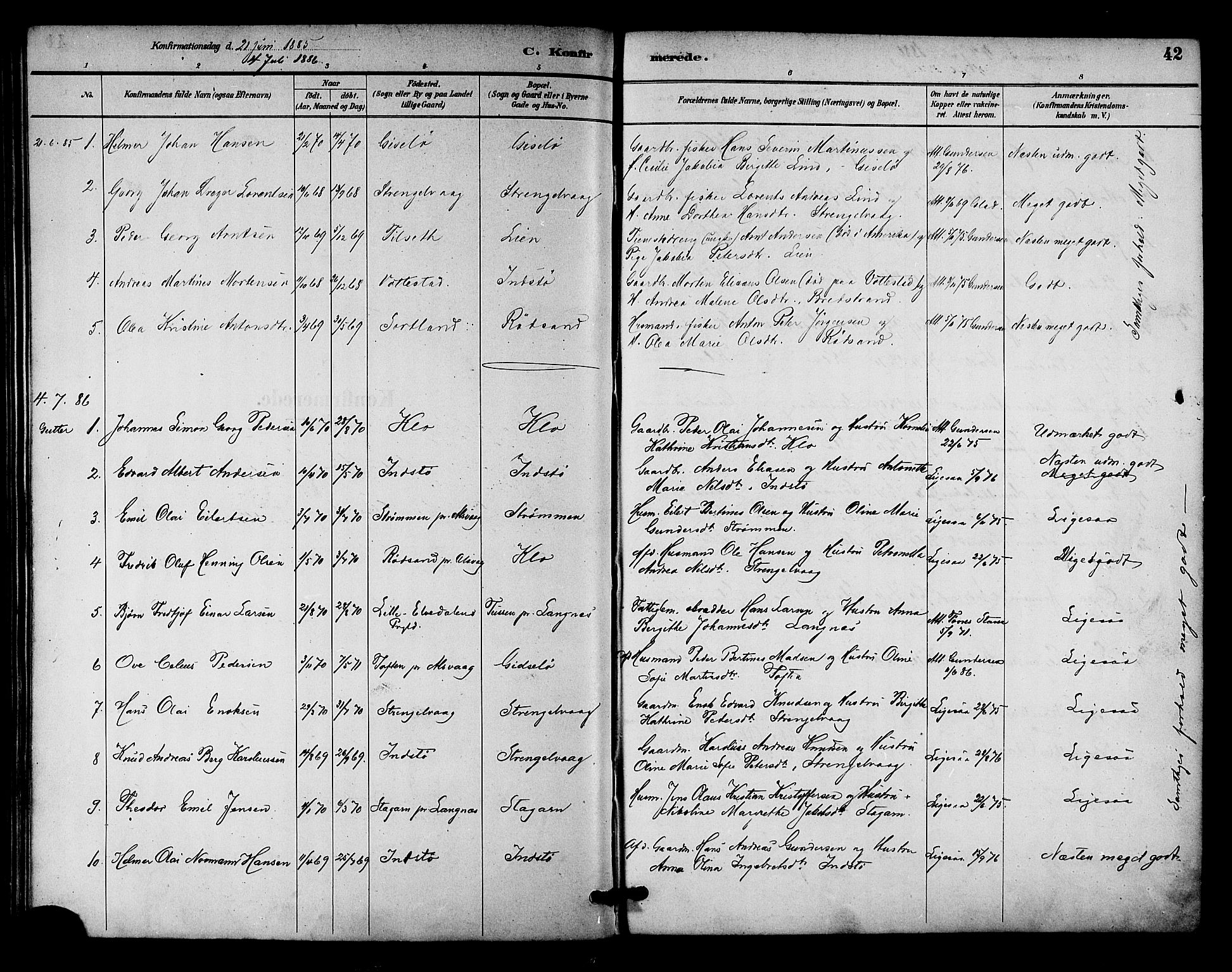 Ministerialprotokoller, klokkerbøker og fødselsregistre - Nordland, AV/SAT-A-1459/894/L1355: Parish register (official) no. 894A01, 1885-1896, p. 42