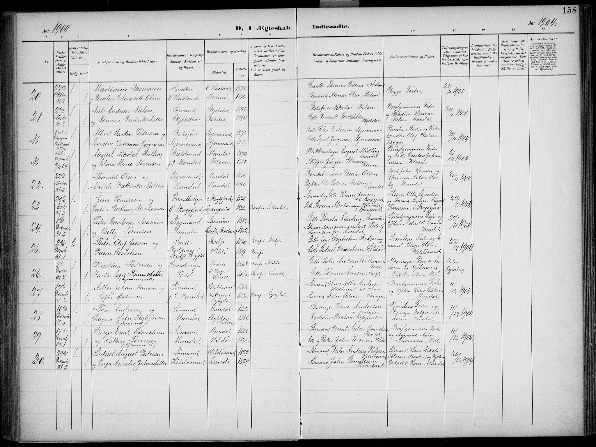 Mandal sokneprestkontor, AV/SAK-1111-0030/F/Fb/Fba/L0012: Parish register (copy) no. B 6, 1899-1918, p. 158