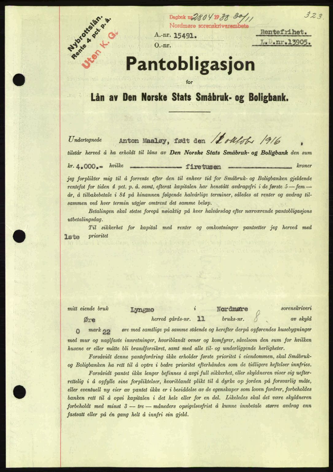 Nordmøre sorenskriveri, AV/SAT-A-4132/1/2/2Ca: Mortgage book no. B84, 1938-1939, Diary no: : 2804/1938