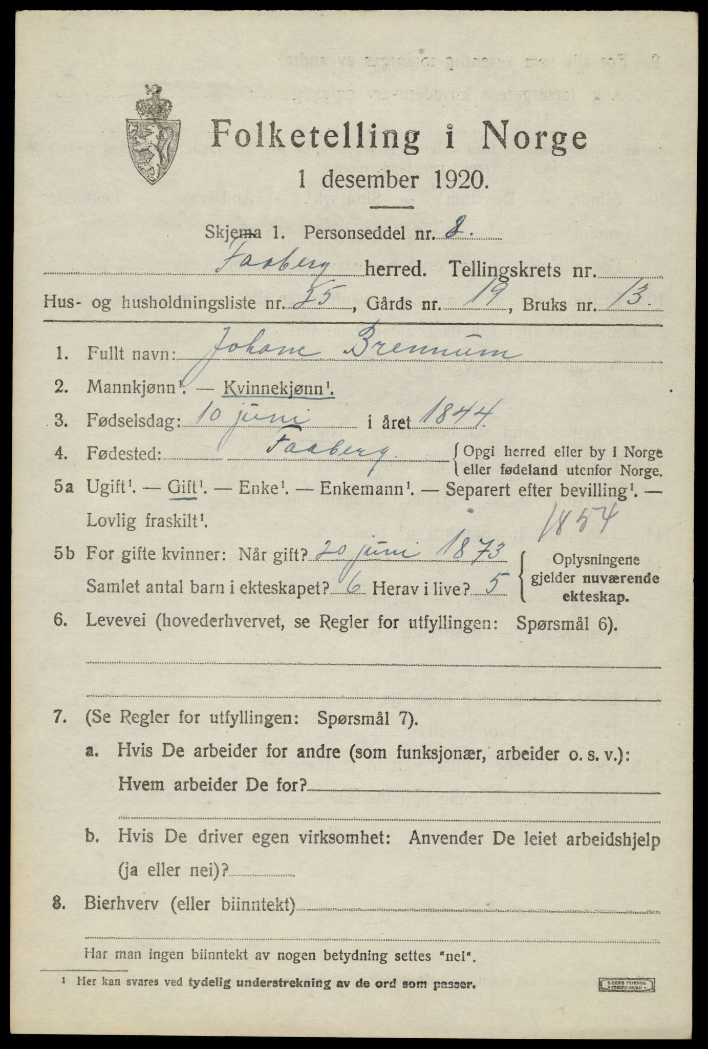 SAH, 1920 census for Fåberg, 1920, p. 3542