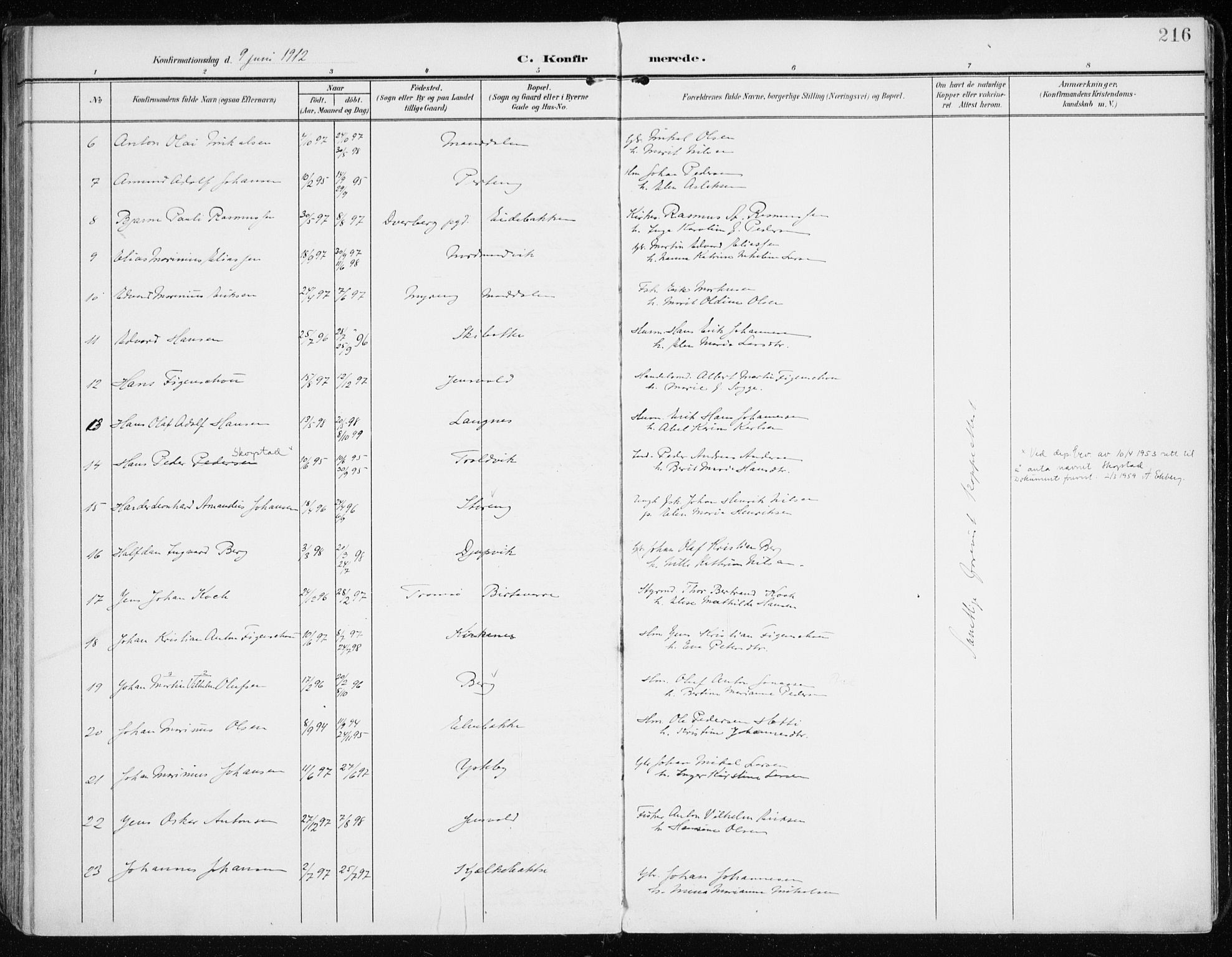 Lyngen sokneprestembete, AV/SATØ-S-1289/H/He/Hea/L0011kirke: Parish register (official) no. 11, 1903-1913, p. 216