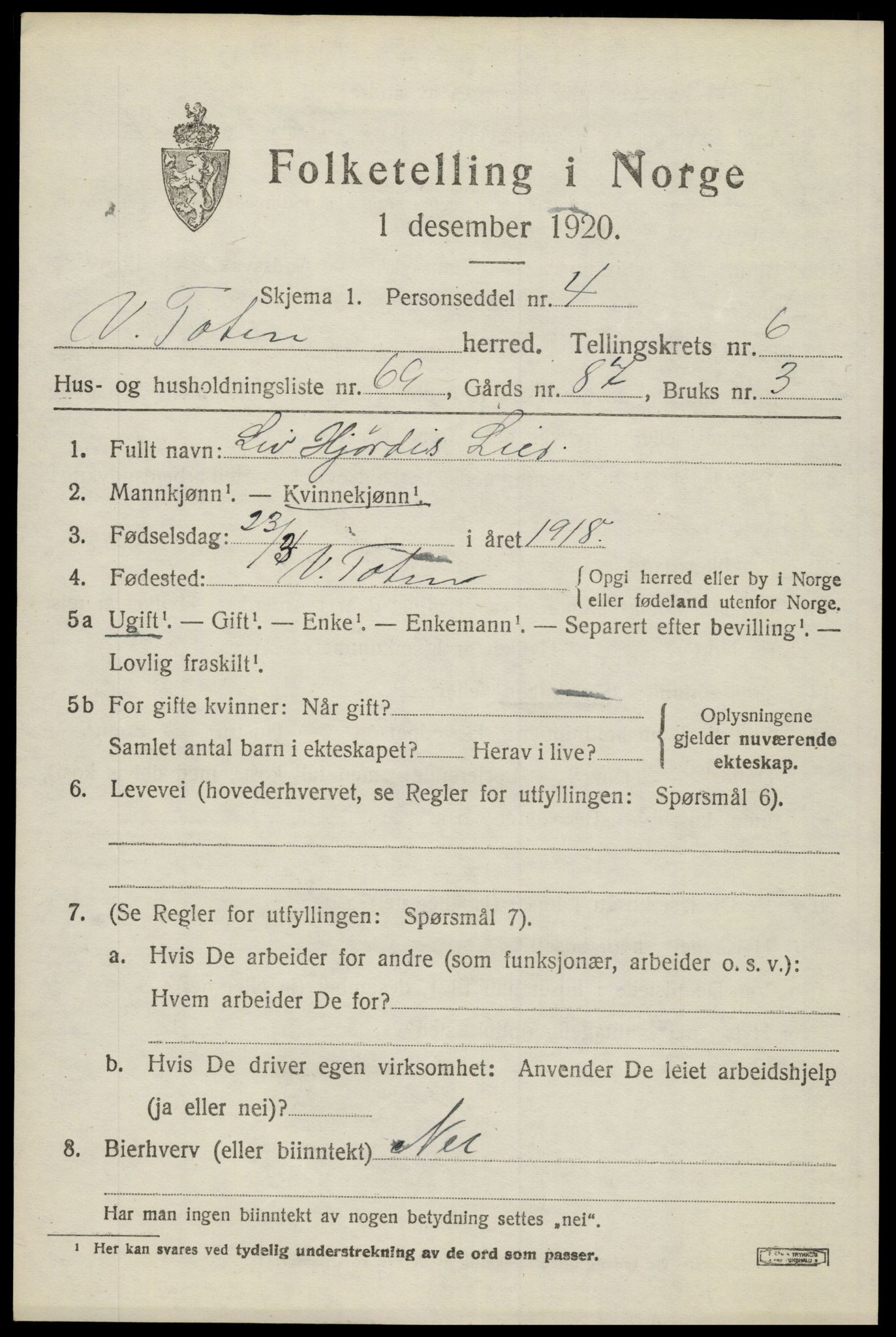 SAH, 1920 census for Vestre Toten, 1920, p. 8916