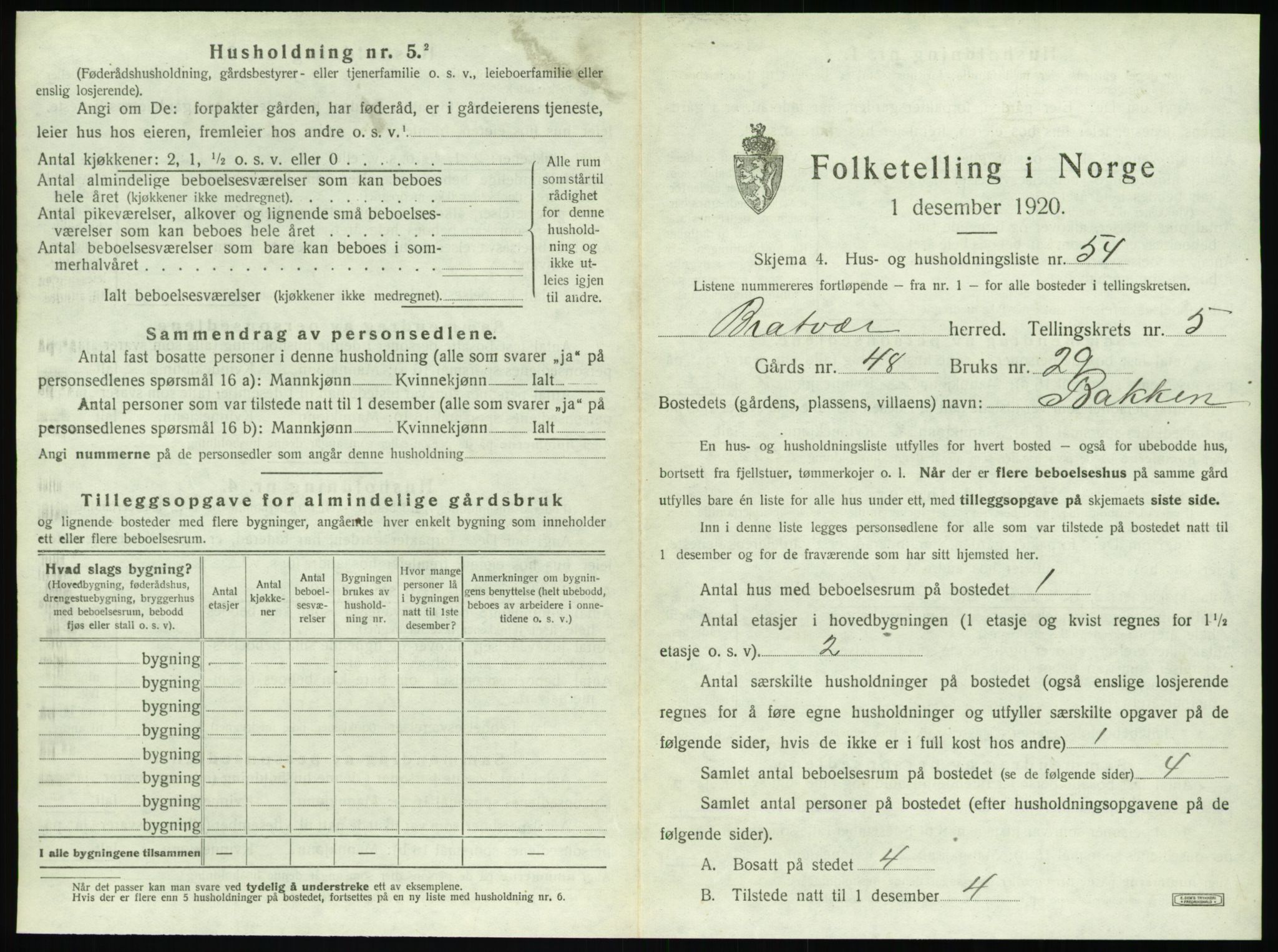 SAT, 1920 census for Brattvær, 1920, p. 424